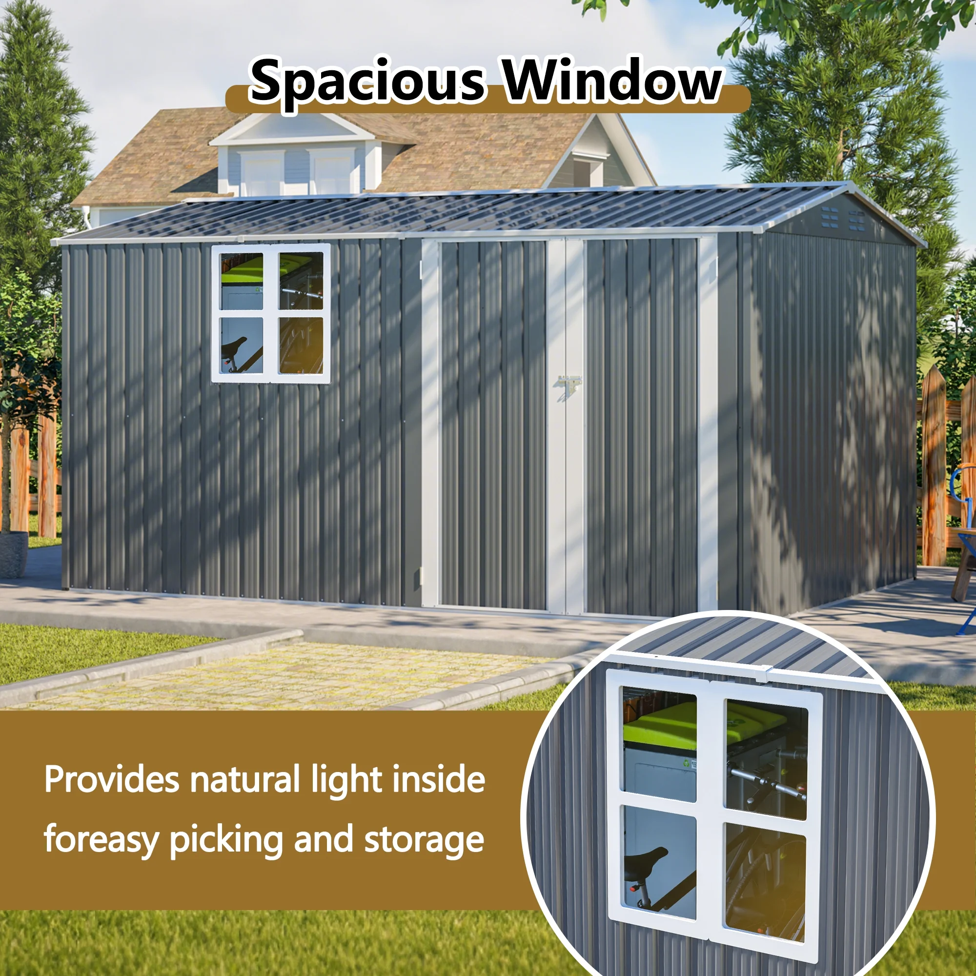 12x8 Ft Outdoor Storage Shed with Floor Frame, Metal Garden Tool Shed with Lockable Doors & Window, Ideal for Backyard Garden Patio Lawn, Grey - Image 3