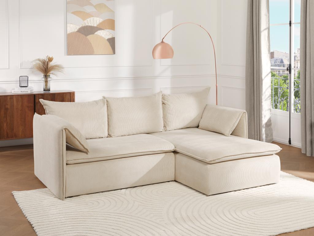 Sofá cama rinconera (ángulo derecho) de terciopelo de canalé beige