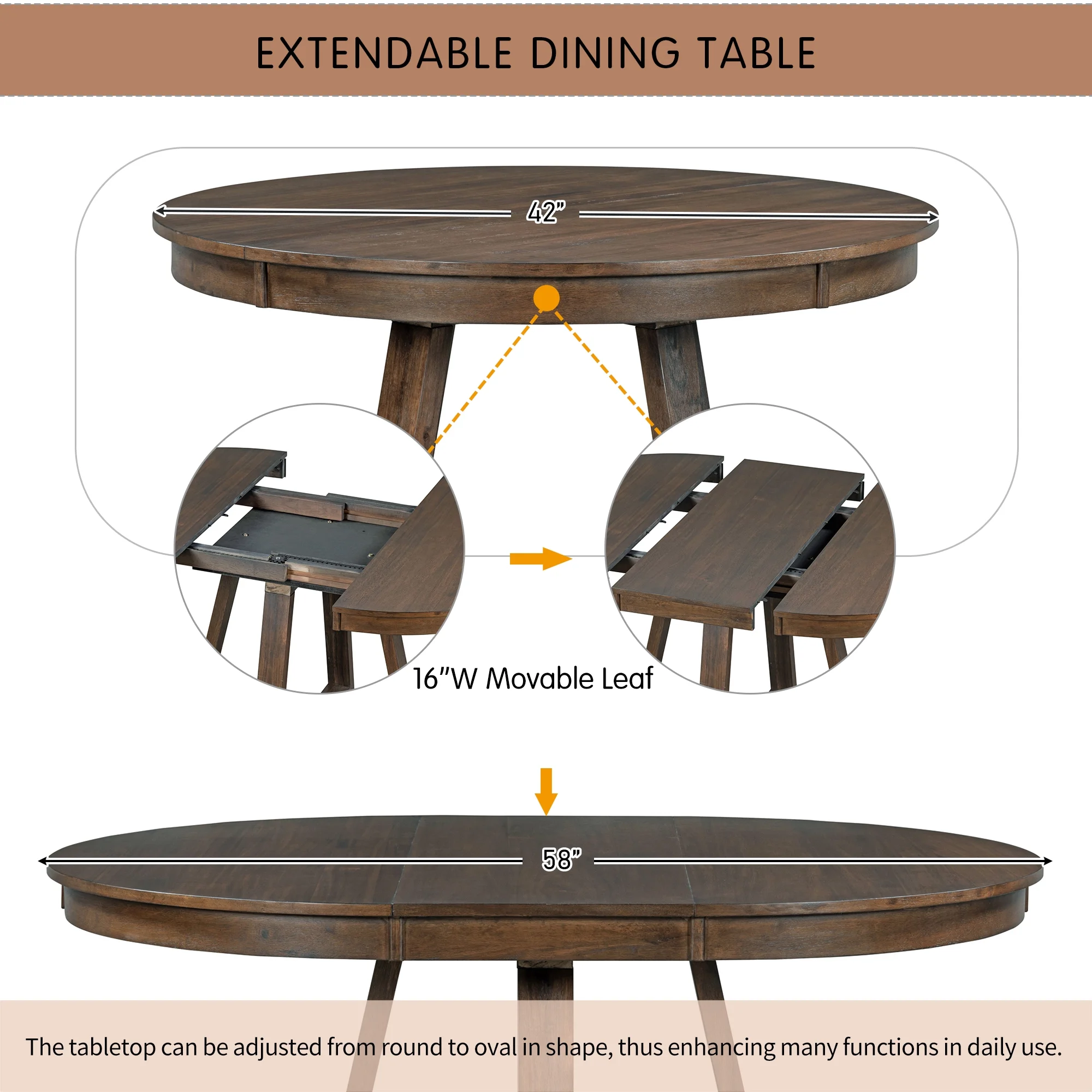 5 Piece Round Dining Table Set, Dining Room Set with Extendable Table and 4 Upholstered Chairs, Wood Dining Table Set for 4, Farmhouse Dining Table Set for Kitchen Dining Room Dorm Apartment, Brown - Image 12