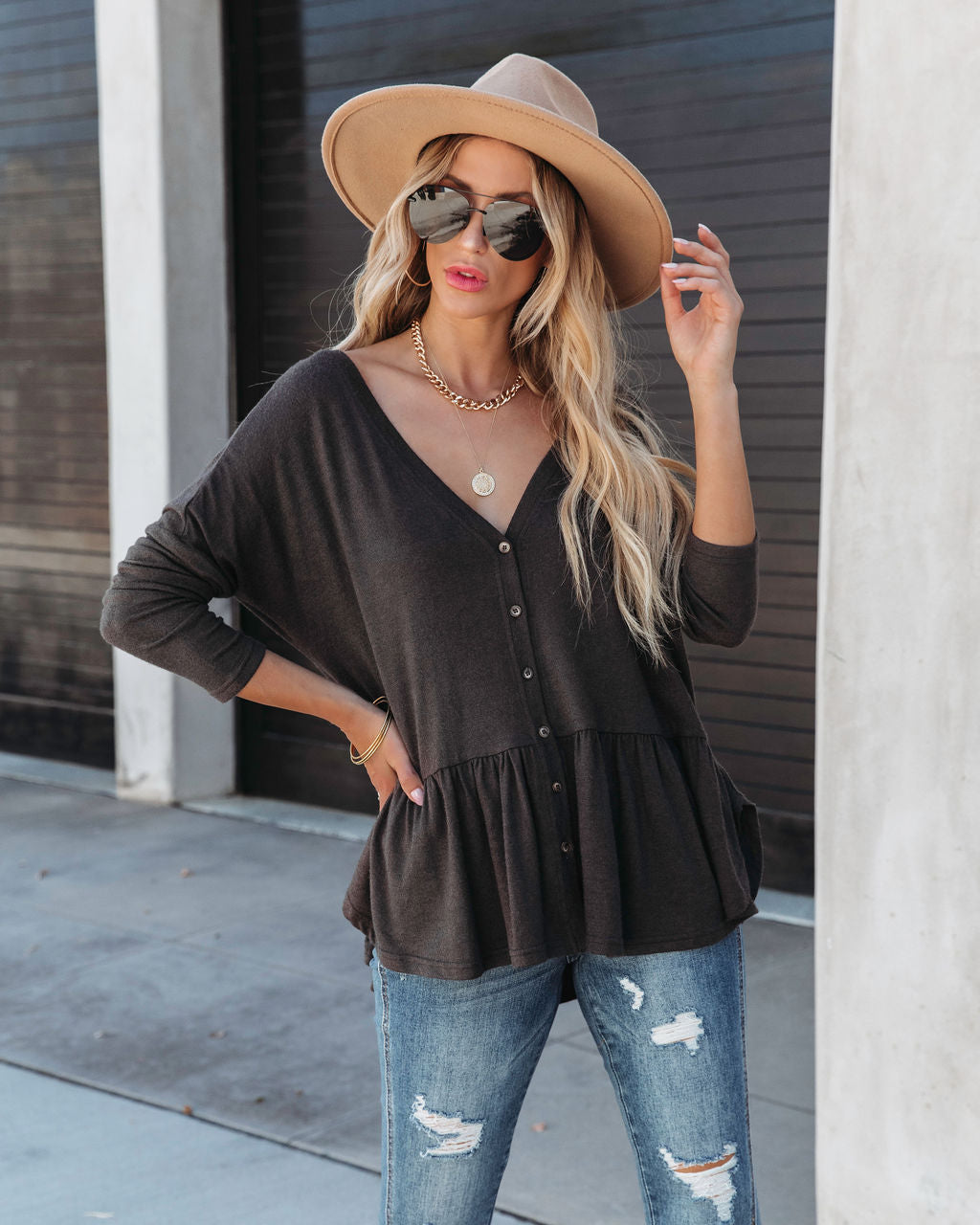 Be Playful Button Down Knit Peplum Top - Asphalt - SALE - Se7enfashion