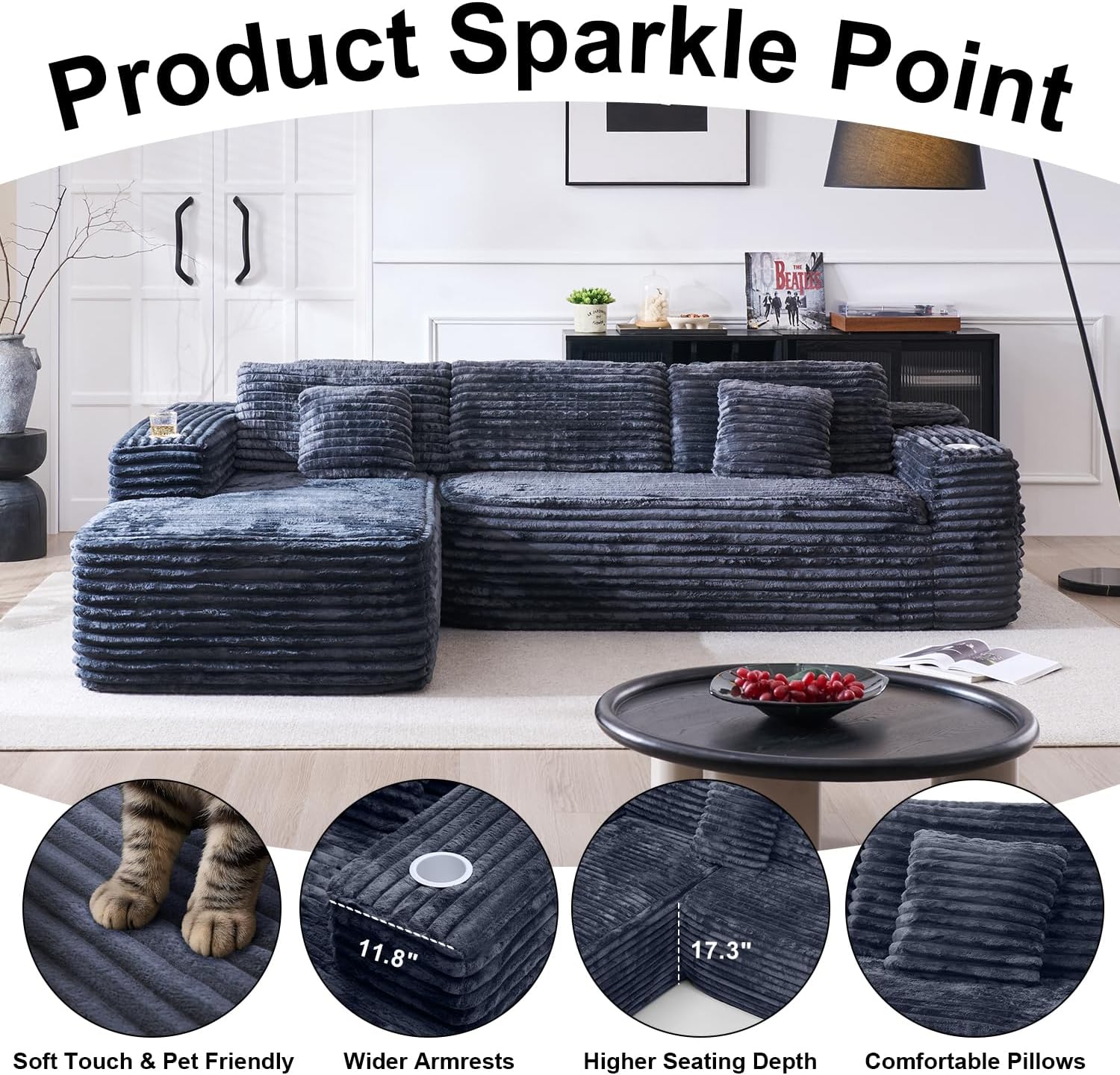 Cloud Sectional Couch with L-Shape Chaise Modern Modular Sofa Deep Seat Built-in Cup Holder