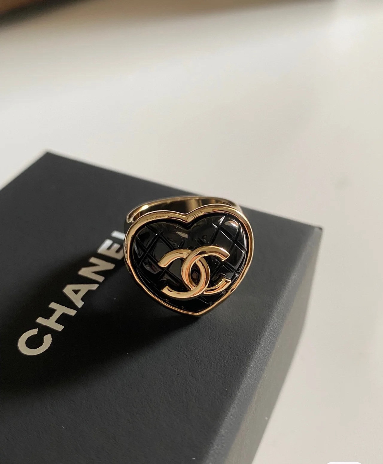 Chanel Large Quilted Black Heart Ring - Original Replica Club
