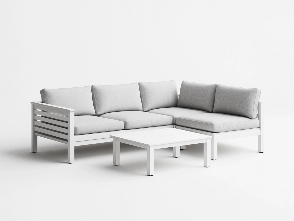 Conjunto de Sofá de Esquina para Exterior en Metal Blanco con Cojines Grises y Mesa a Juego