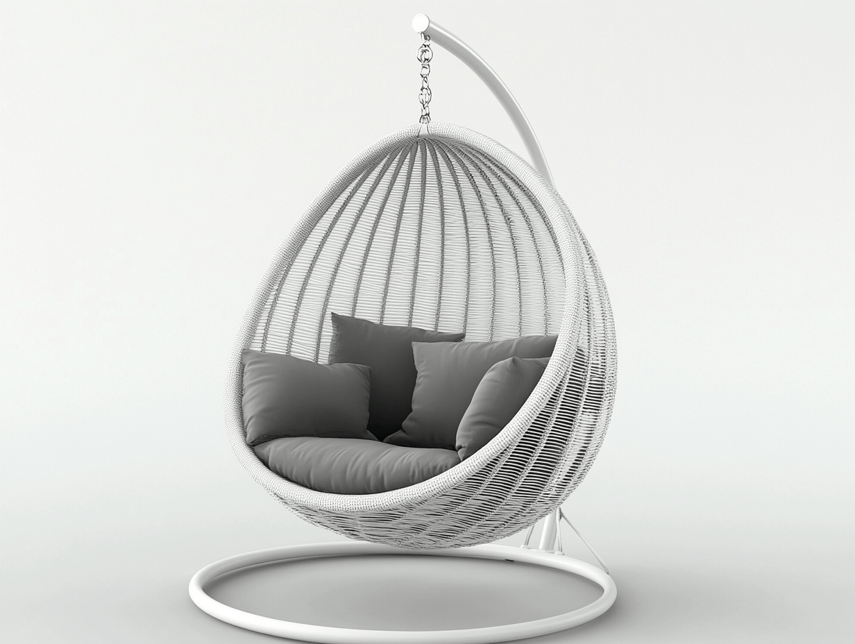 Silla colgante tipo huevo – estructura blanca – cojín gris – para interior o exterior