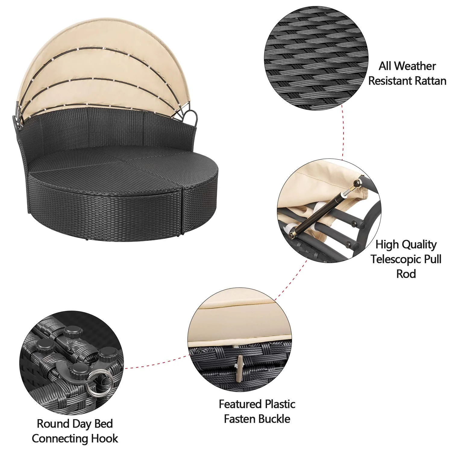 Lacoo Outdoor Patio Round Daybed with Retractable Canopy Wicker Furniture Sectional Seating with Washable Cushions for Patio Backyard Porch Pool Daybed Separated Seating (Beige) - Image 5