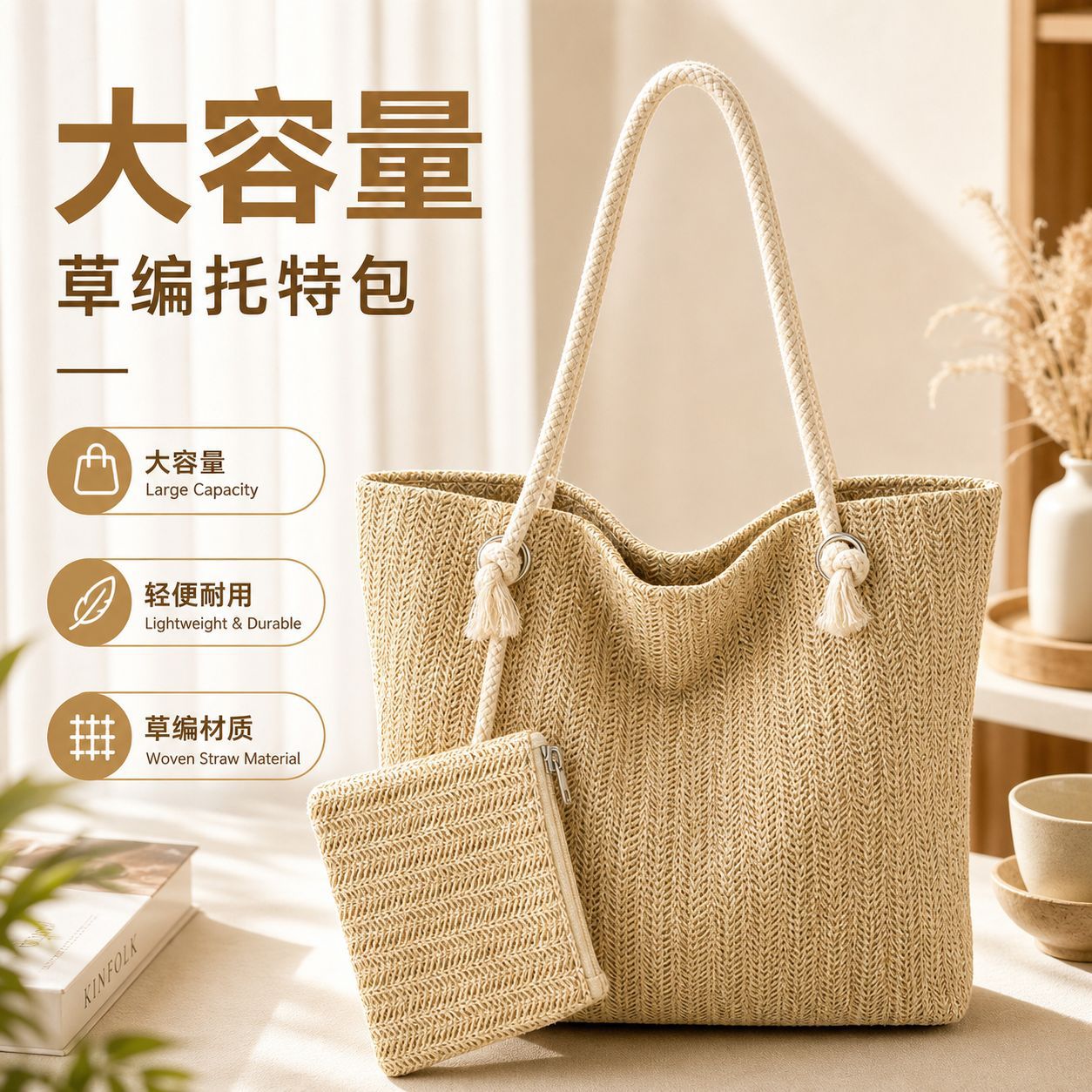 High-end large-capacity straw bag 2025 new vintage shoulder handbag for women, suitable for work and commuting tote bag