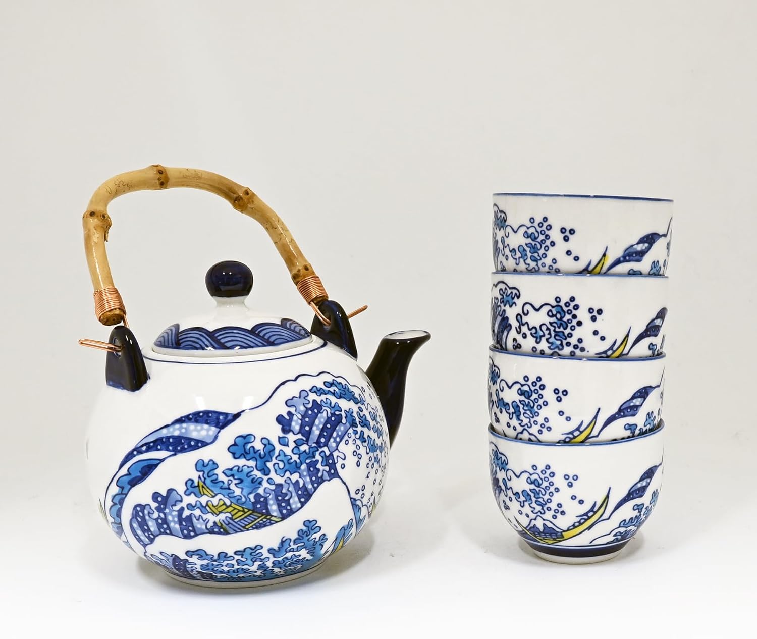Urban Tokyo Hokusai Inspired Great Wave Porcelain Tea Set with Bamboo Handle, 30 oz Teapot with 4 Cups, Blue and White, Gift Box