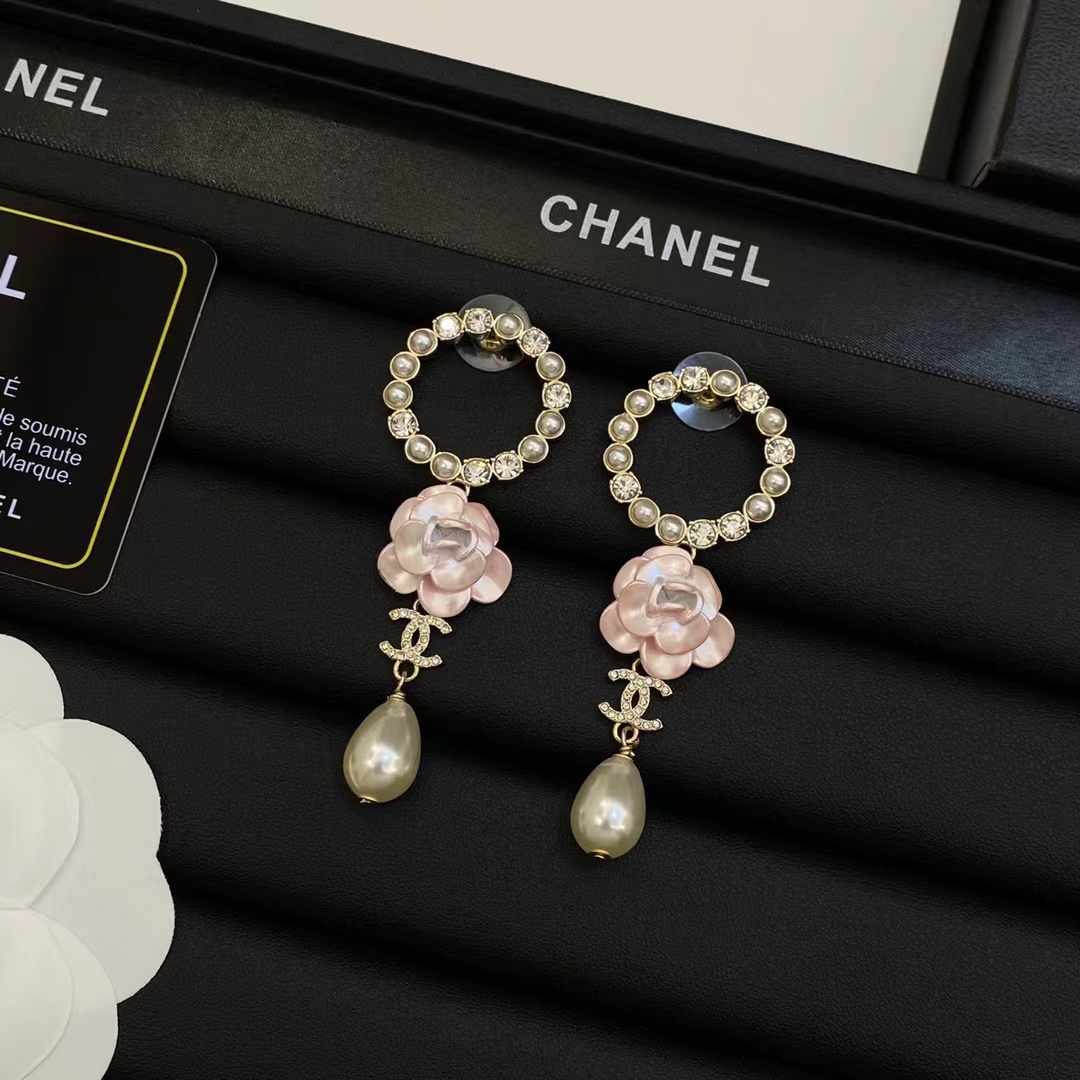 Chanel Pink Camellia Pearl Dangle Earrings - Original Replica Club