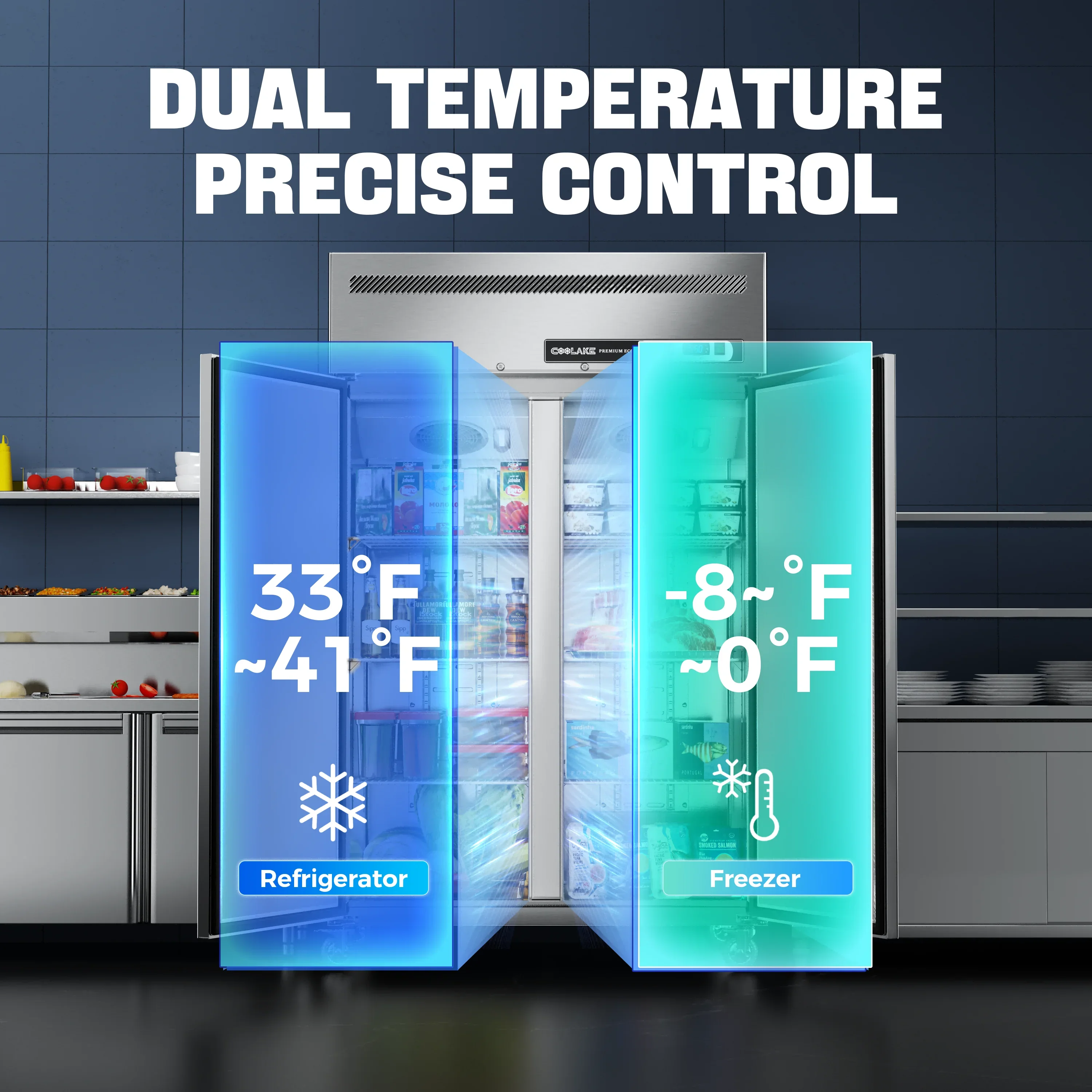 Coolake Commercial Refrigerator and Freezer Combo, 48" W Dual Temperature Zones, 36 Cu.ft 2 Door