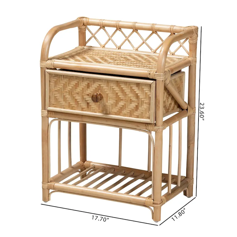 Modern Bohemian Natural Brown Rattan Nightstand with 1 Drawer by Kobie