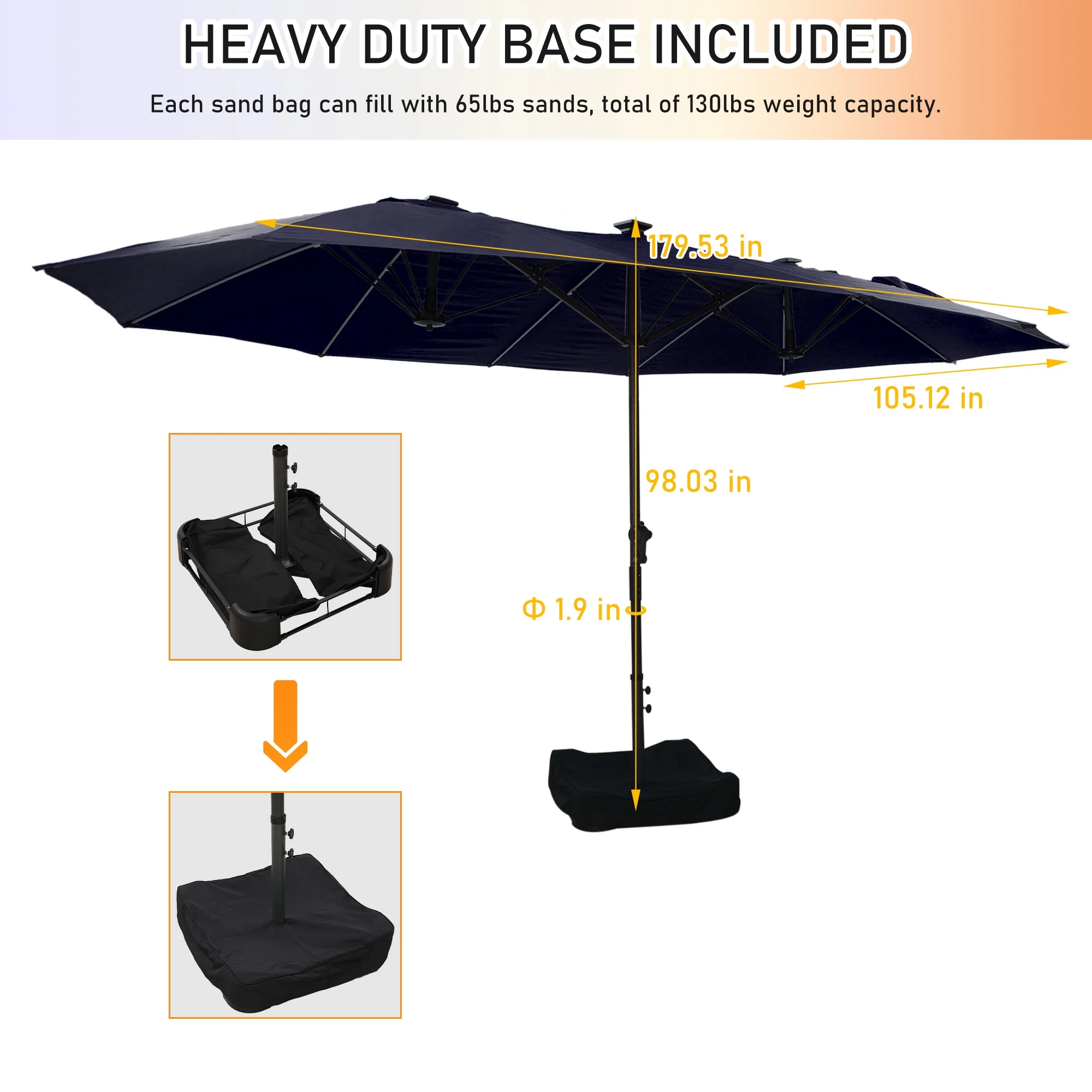 Mondawe 15ft Patio Umbrella, Large Double-Sided Solar LED Outdoor Umbrella with Fiberglass Ribs and Base for Deck Pool, Navy Blue - Image 6