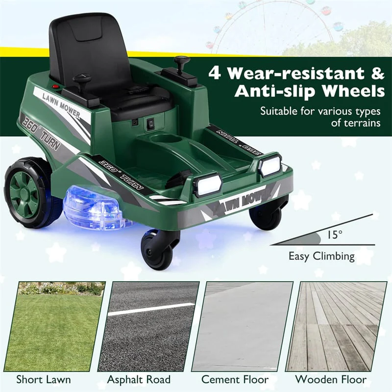 Eletriclife 12V Kids Ride-On Lawn Mower with 360° Twist & Turn, Dual Control Sticks, LED Lights for Toddlers Aged 3-8