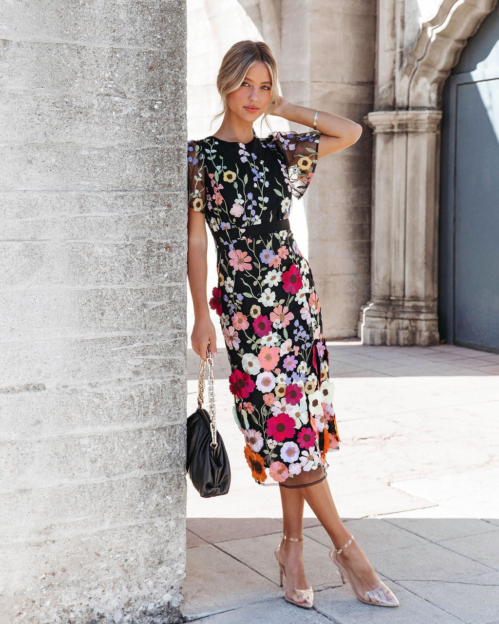Georgina Floral Applique Midi Dress - Black - Se7enfashion