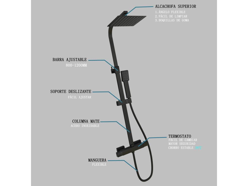 Aica columna ducha negro mate con cuadrados termostato 38℃ barra 800-1200mm alcachofa ducha lluvia