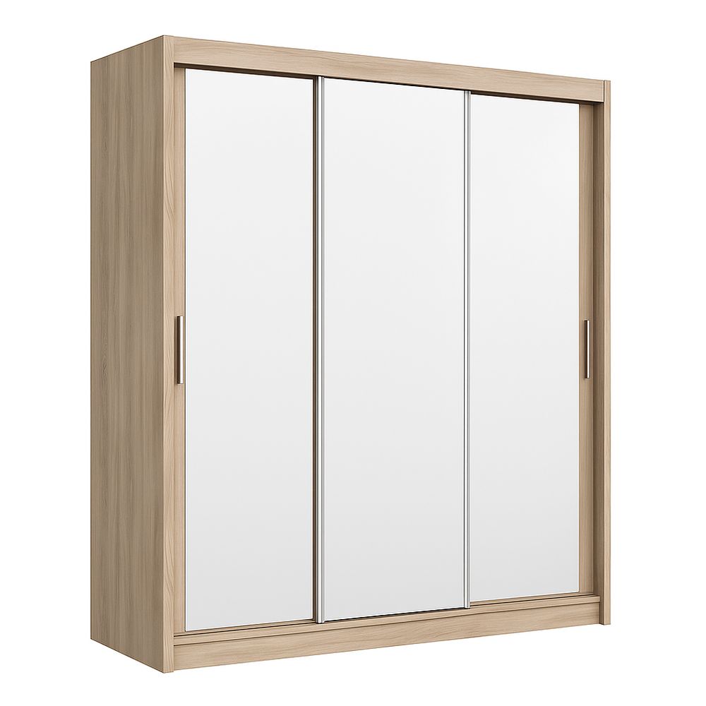 Armario deslizante moderno de tres puertas con espejos, diseño minimalista en color madera clara, ideal para dormitorios y vestidores