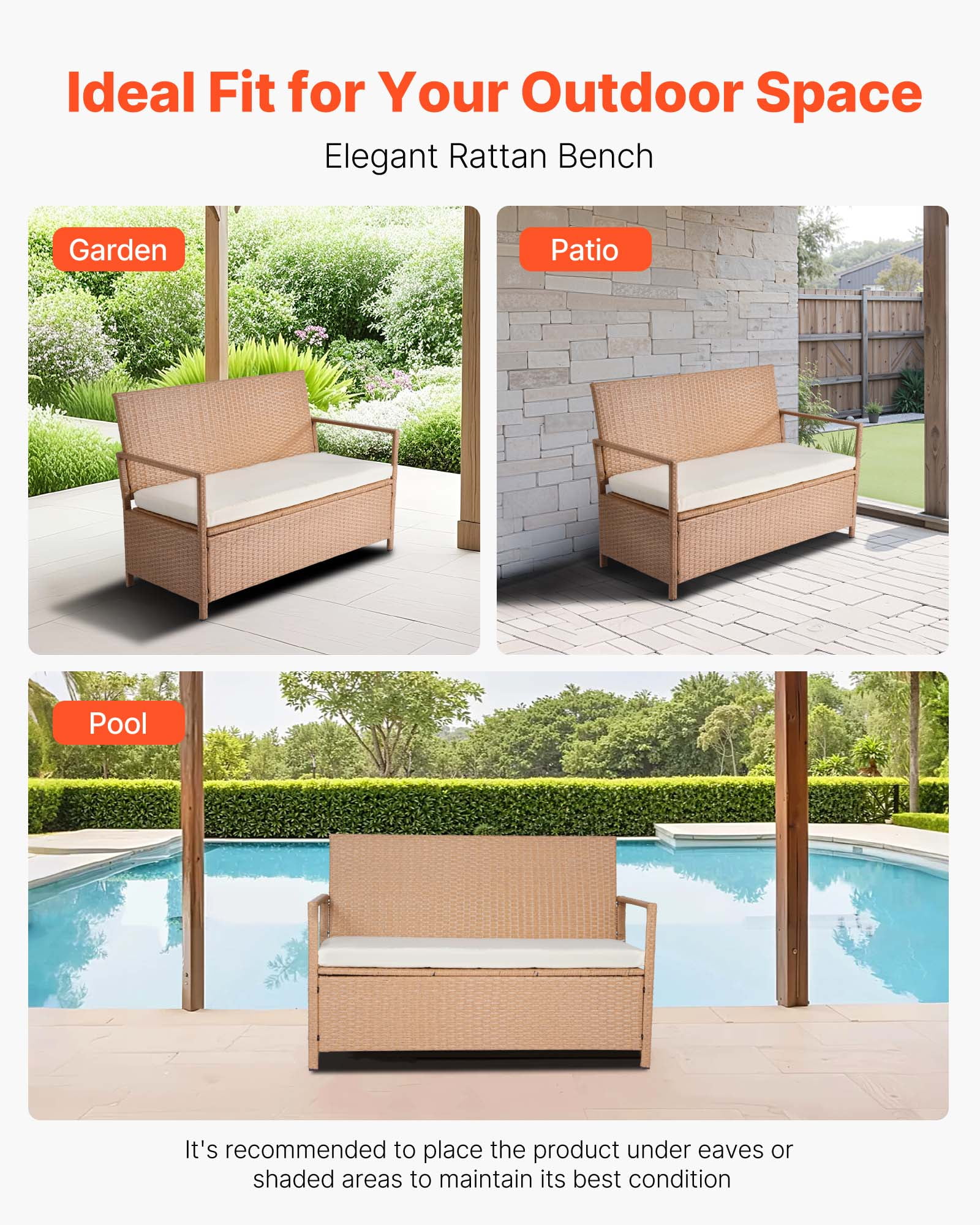 VEVOR Outdoor Storage Bench, 2-Person PE Rattan Storage Bench, 70 Gal Deck Box with Cushion, Supports up to 265 lbs, Weatherproof Outdoor Seating & Porch Decor for Patio Garden Balcony Yard - Image 6