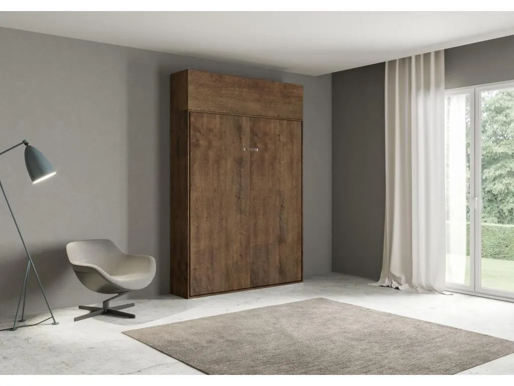 Cama abatible 160 vertical Mobtrendy con módulo a pared superior Nogal 02125azyg