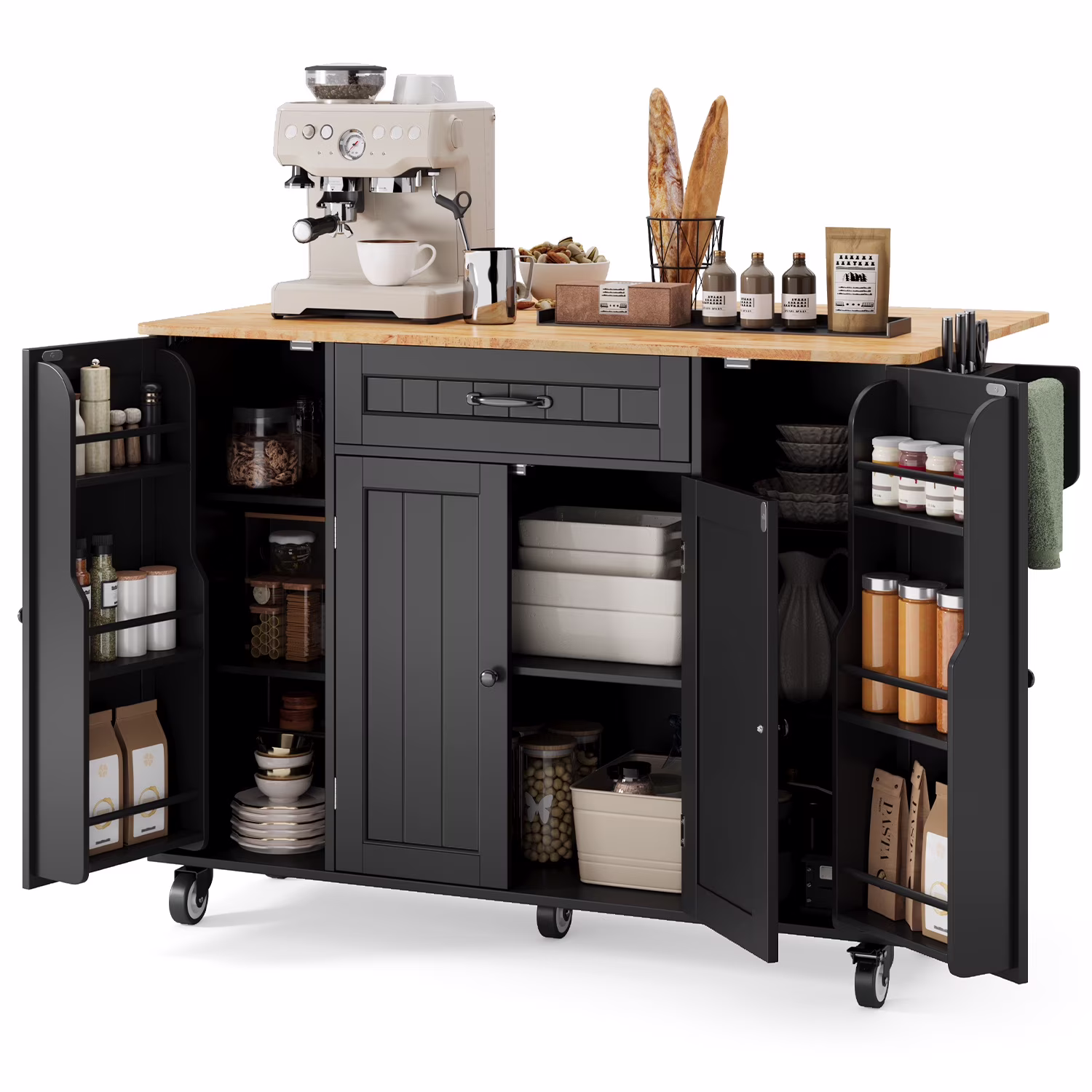Noelse Kitchen Island with Storage, Island Table for Kitchen with Drop Leaf, Spice Rack, Towel Bar for Small Kitchens, White - Image 7