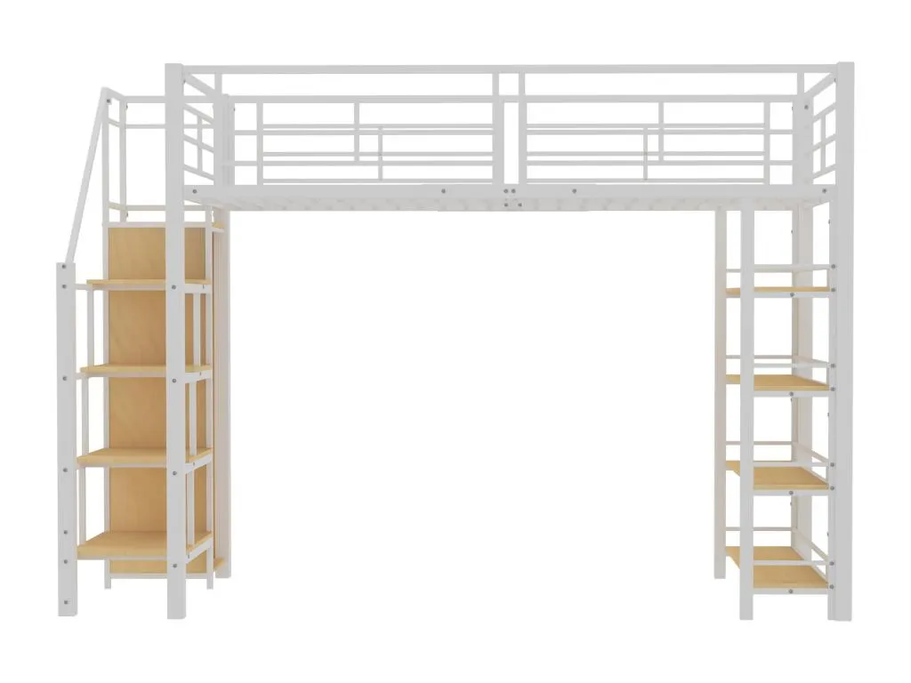 Cama alta 90x200 cm - con armario pequeño y estantes de almacenamiento - Blanco