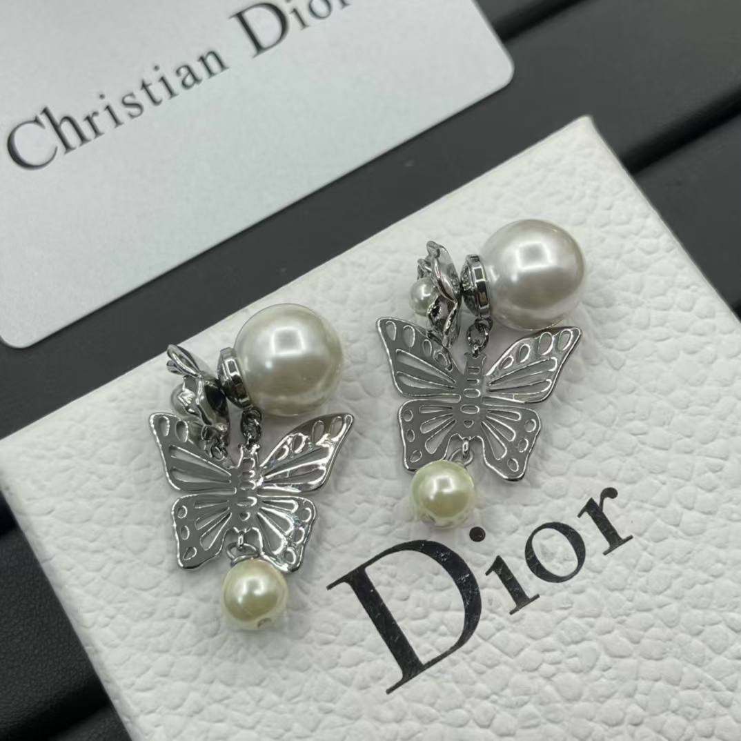 Dior Silver Butterfly Pearl Earrings - Original Replica Club