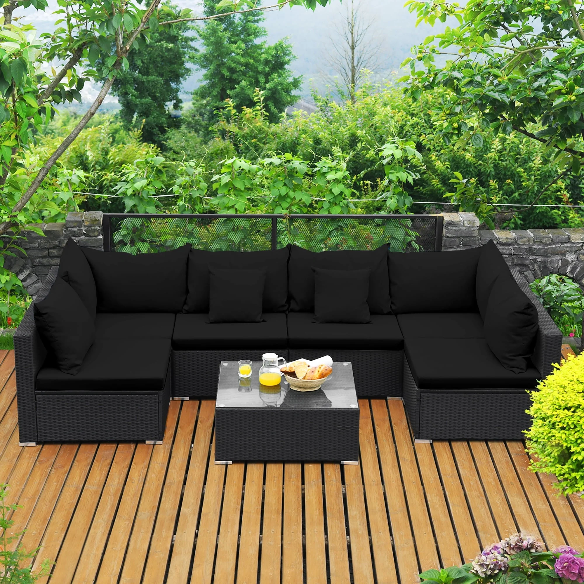 Costway 7PCS Patio Rattan Sofa Set Sectional Conversation Furniture Set Garden Black - Image 2