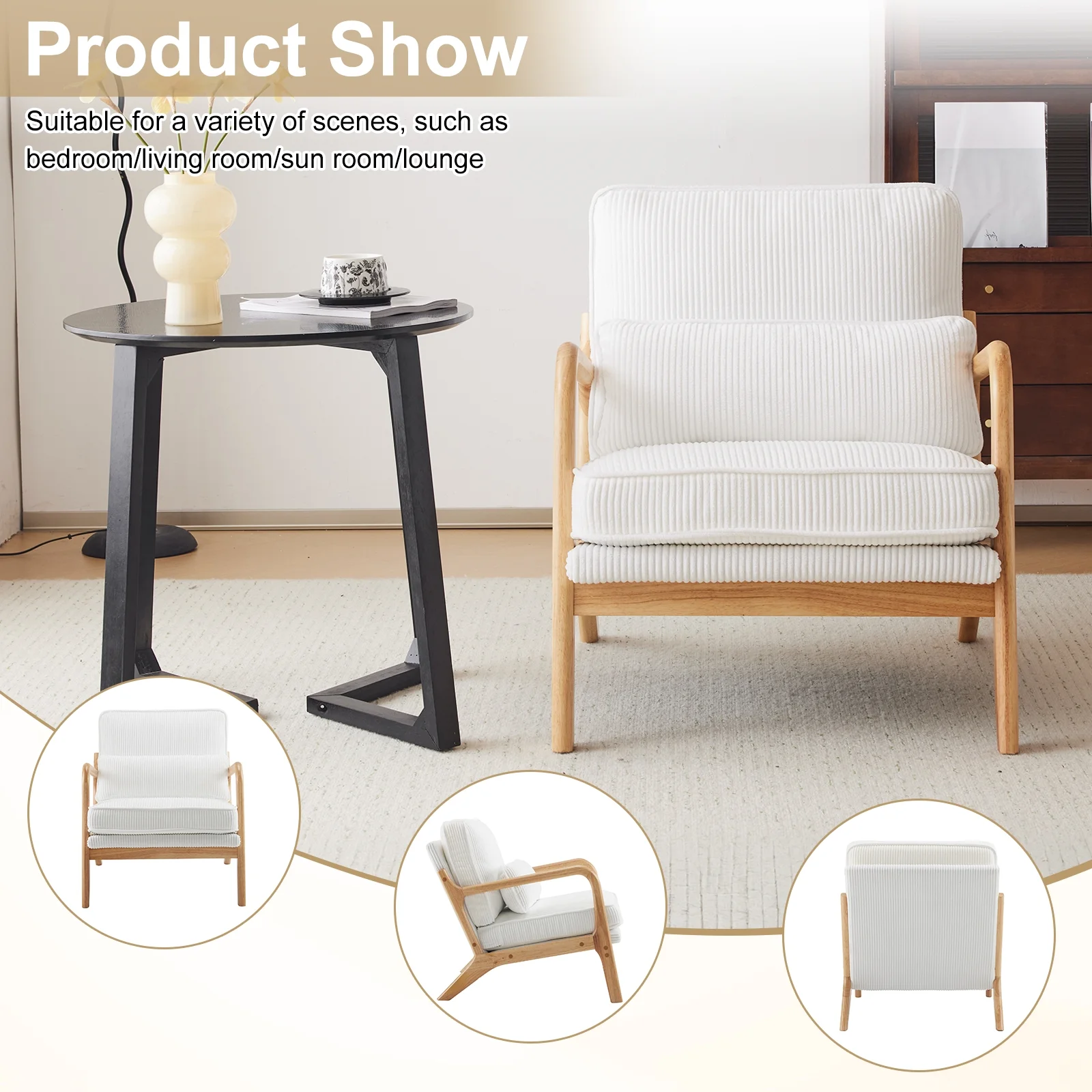 Ktaxon Accent Chair Corduroy Upholstered Armchair, Reading Club Chair with Pillow and Solid Wood Frame for Living Room Bedroom Furniture Off White - Image 150