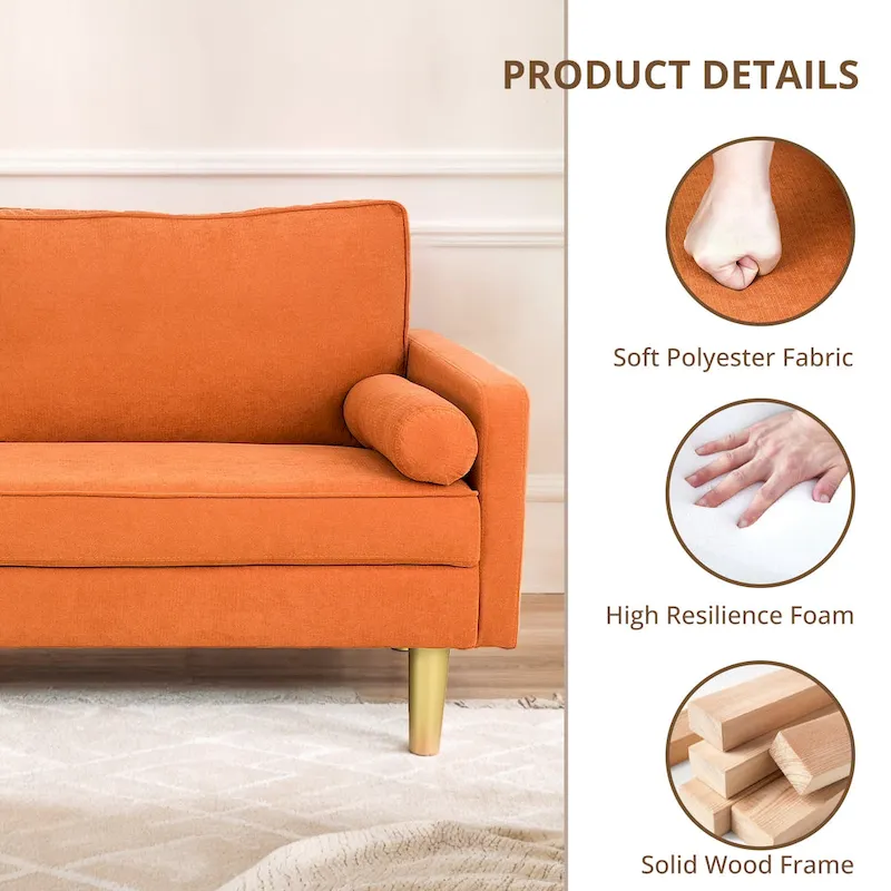 Elegant 65-Inch Orange Polyester 2-Seater Loveseat with Side Pockets and Round Cushions