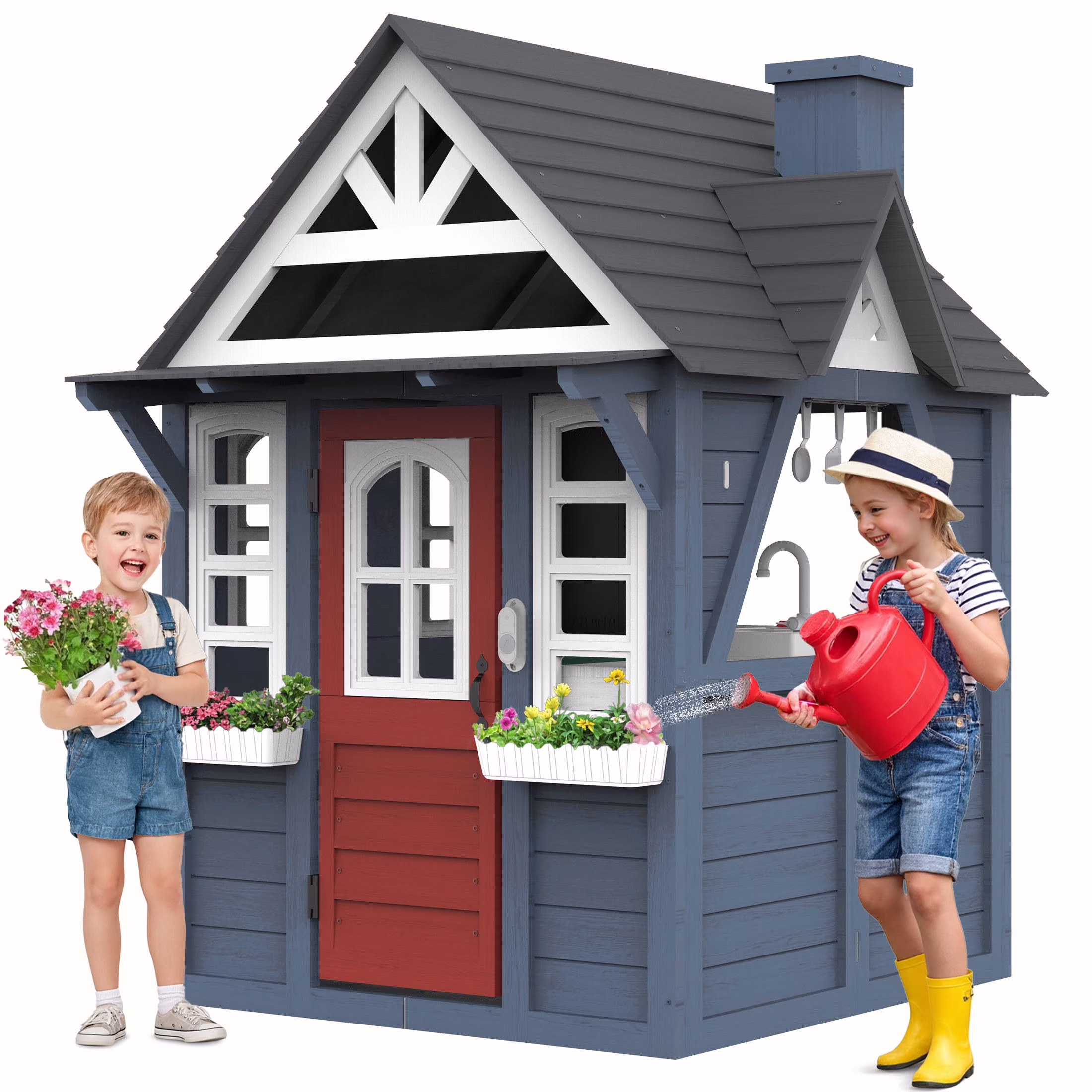 COCLUB Outdoor Playhouse for Kids Ages 4-8, Wooden Play House with Doorbell, Phone, Kitchen Toys, Outdoor Kids Play Equipment, Casa Para Ni?as (45-L x 65-H), White & Black - Image 3