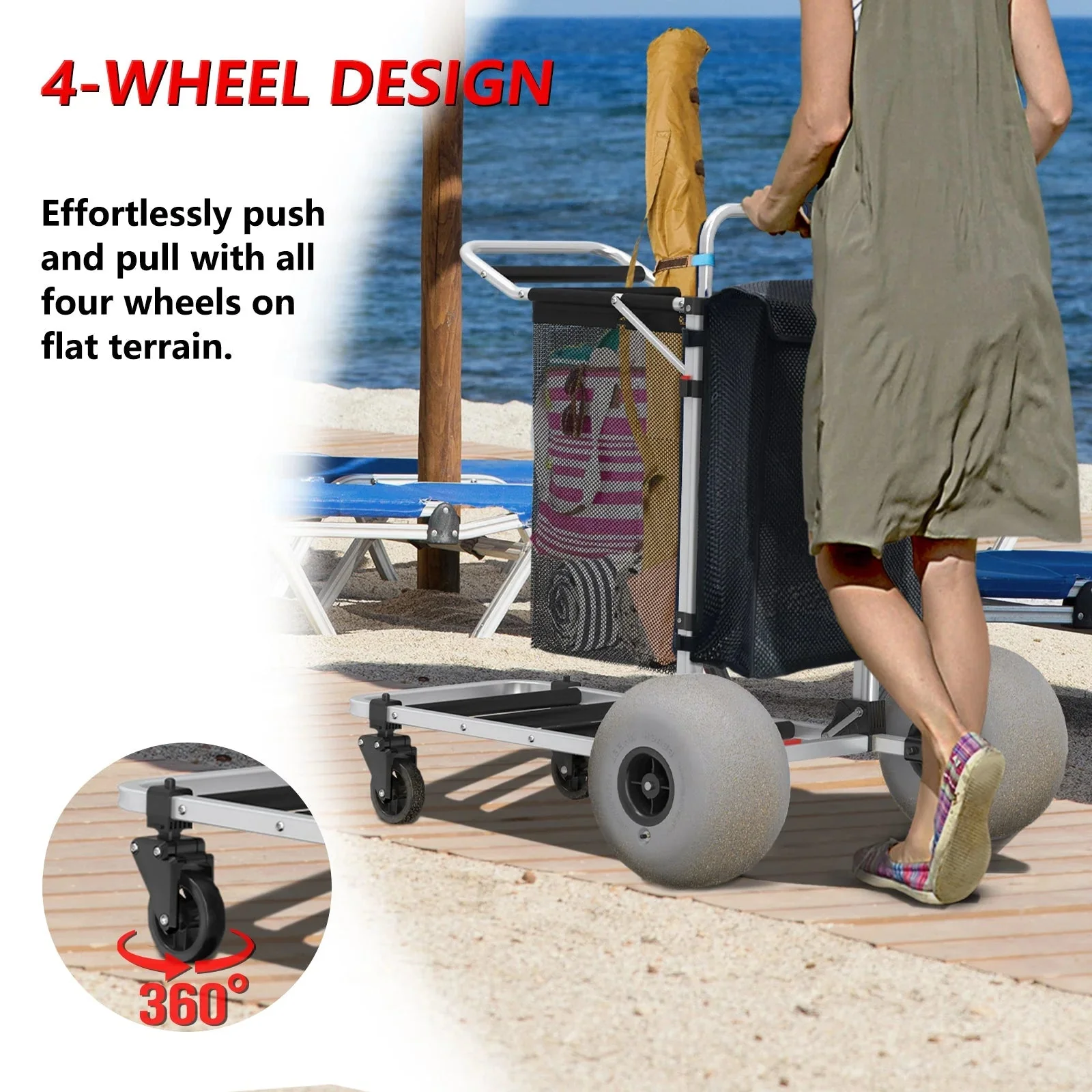 Foldable Beach Cart with Adjustable Handle and 12