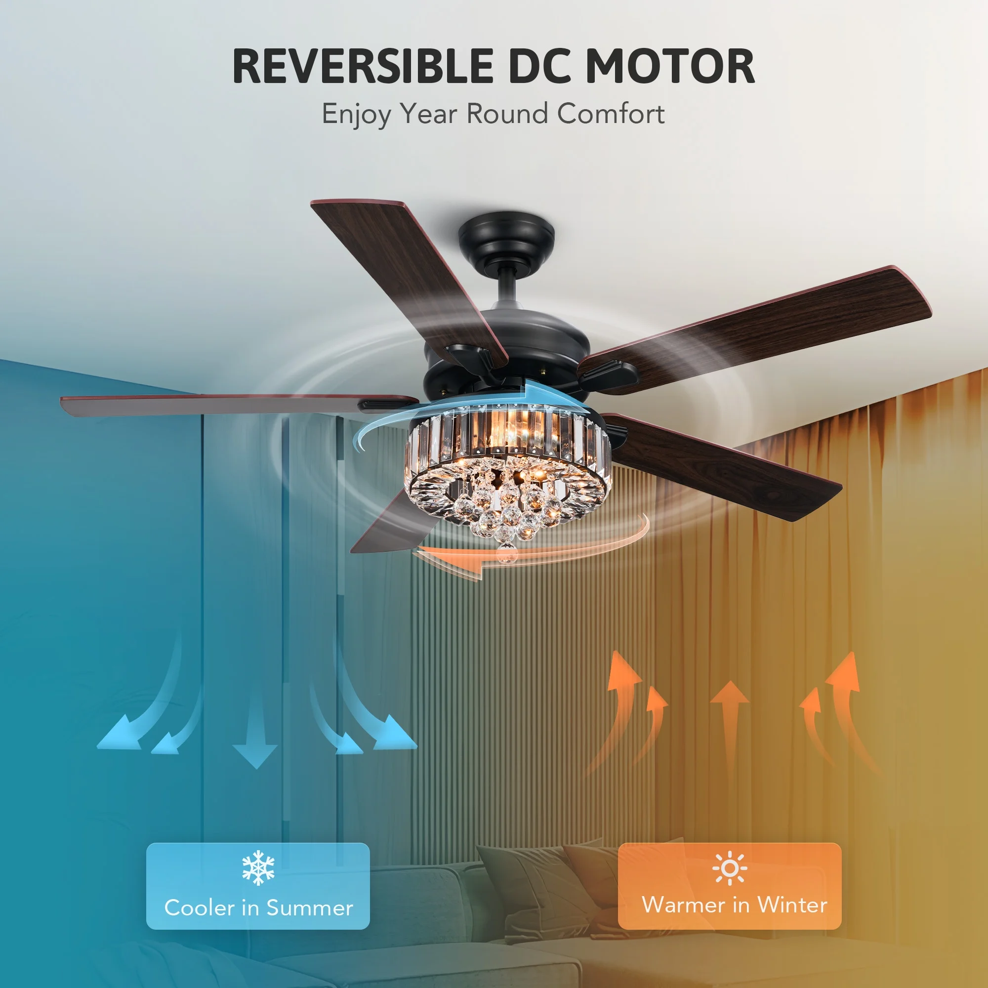 Bestco 52" Chandelier Crystal Ceiling Fan with Light 6 Speeds 5 Dual Sided Blades Chrome - Image 18