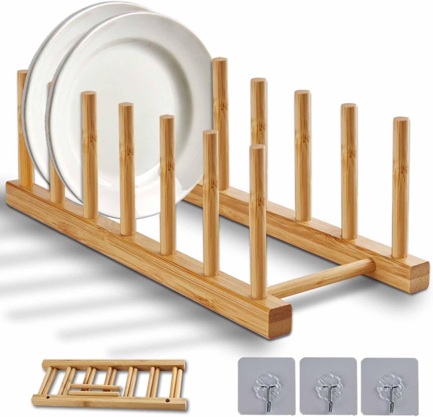 Bamboo Dish Rack, Stylish Vertical Wooden Plate Holder & Drainer, Multi-Purpose Kitchen Cabinet Organizer for Dishes, Pots, Lids, Bowls, Cups & Cutting Boards
