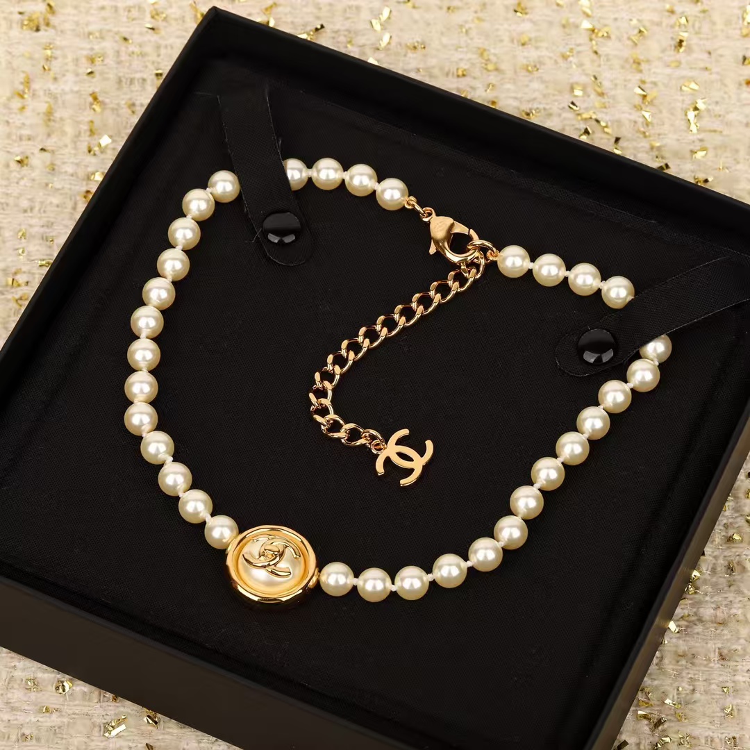 Chanel Enhancer Double C Pendant Pearl Choker Necklace - Original Replica Club