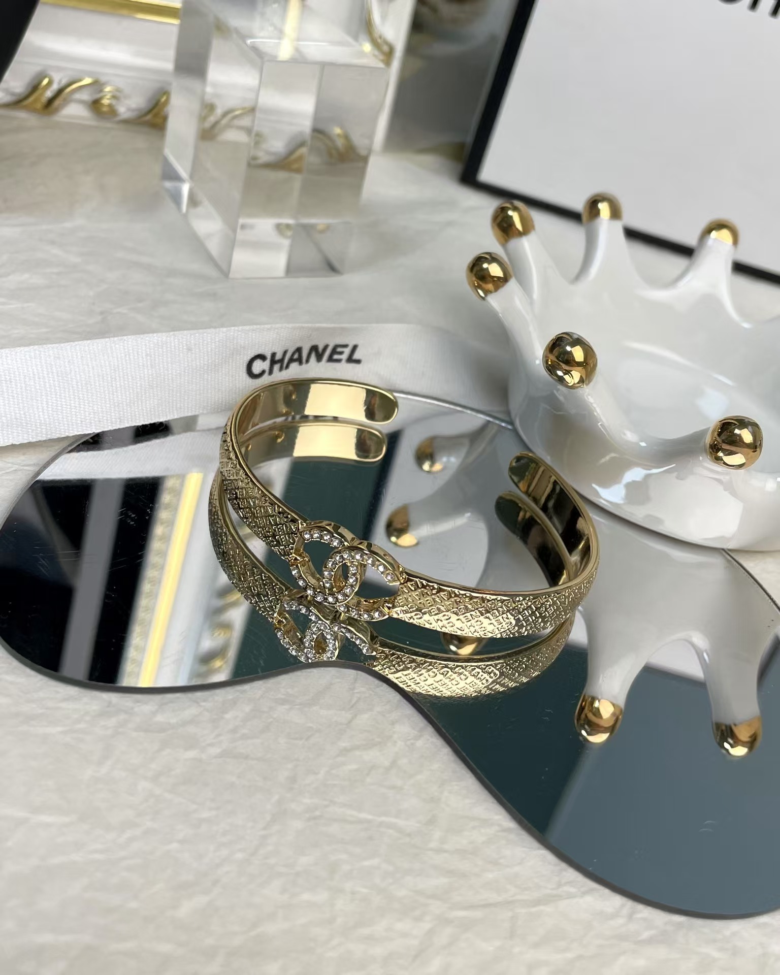 Chanel Hollow Diamond Paved Double C Open Bangle Bracelet - Original Replica Club