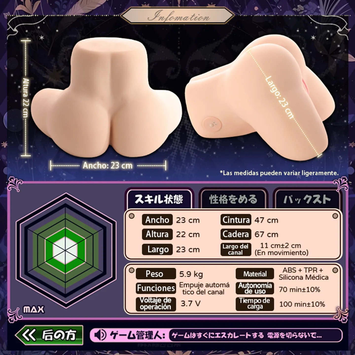 Especificaciones y medidas del masturbador automático de glúteos hecho de silicona Dr.YUU