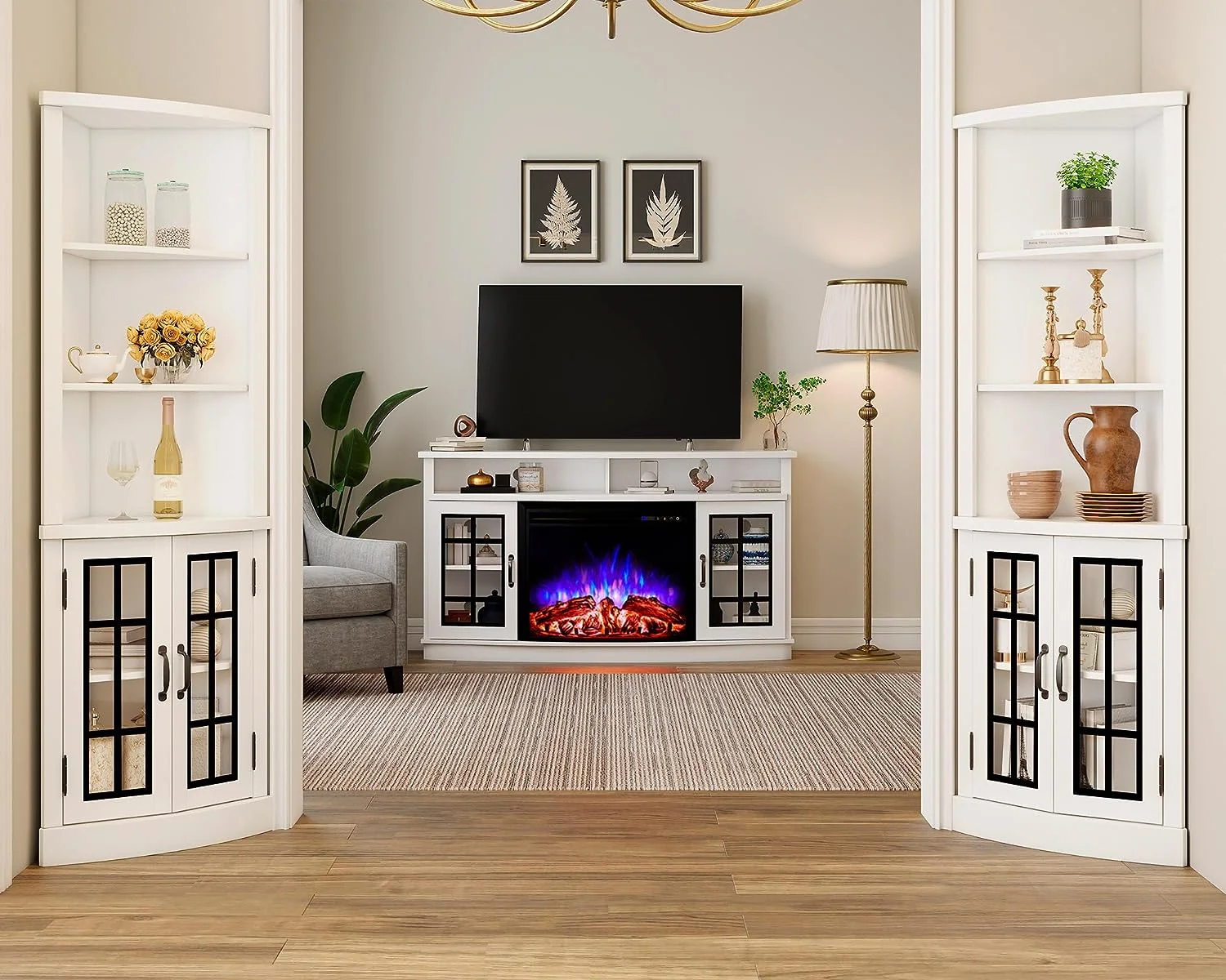 Merluxy Curved Corner Cabinet, 65" Wood Bookcase with 3 Shelves, Distressed White - Image 9