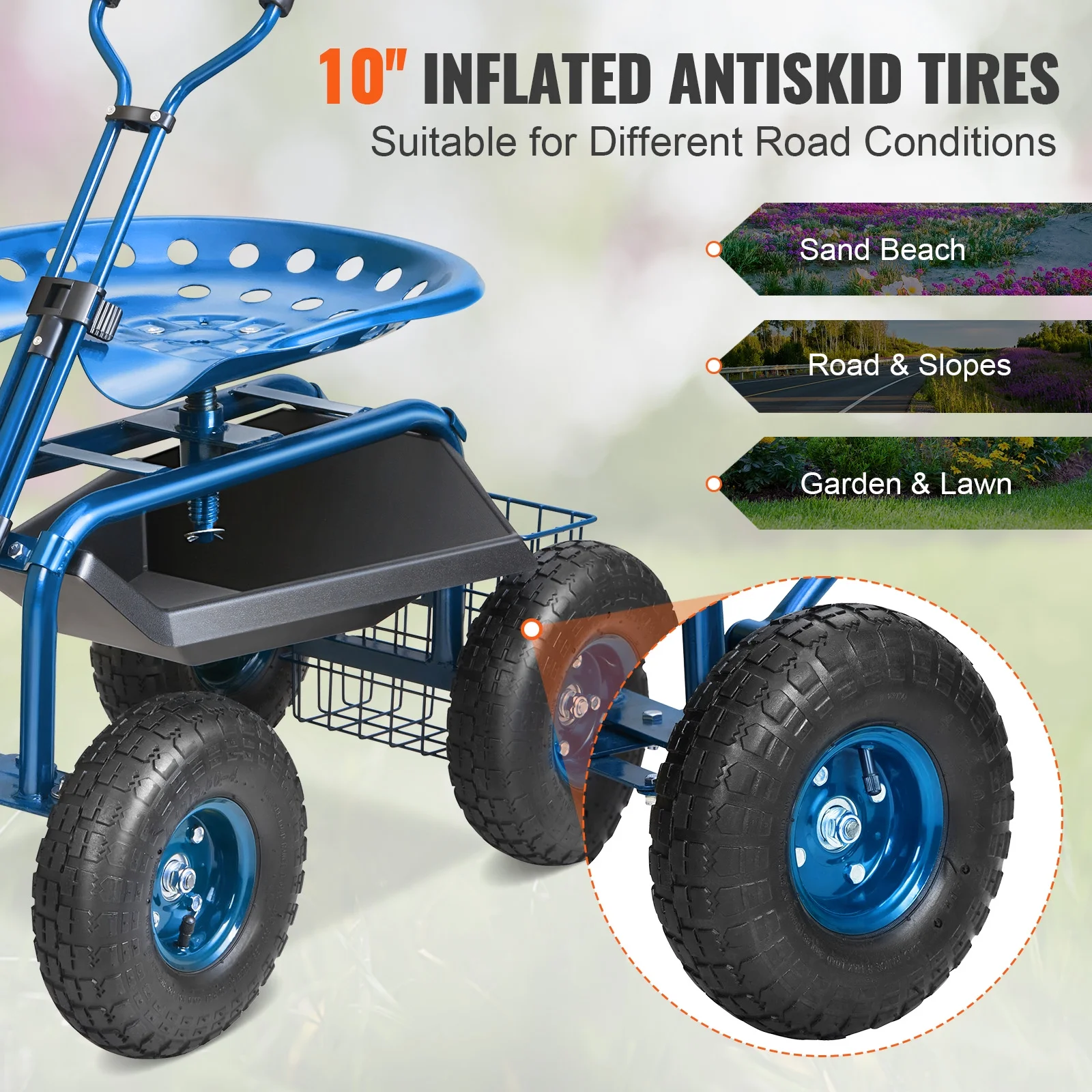 KFFKFF Outdoor Cart with Rotating Seat, Planting Stool on Wheels, Garden Trolley with Directional Handle and Handy Tool Tray, Ideal for Lawn, Patio, and Outside Areas, Blue - Image 7