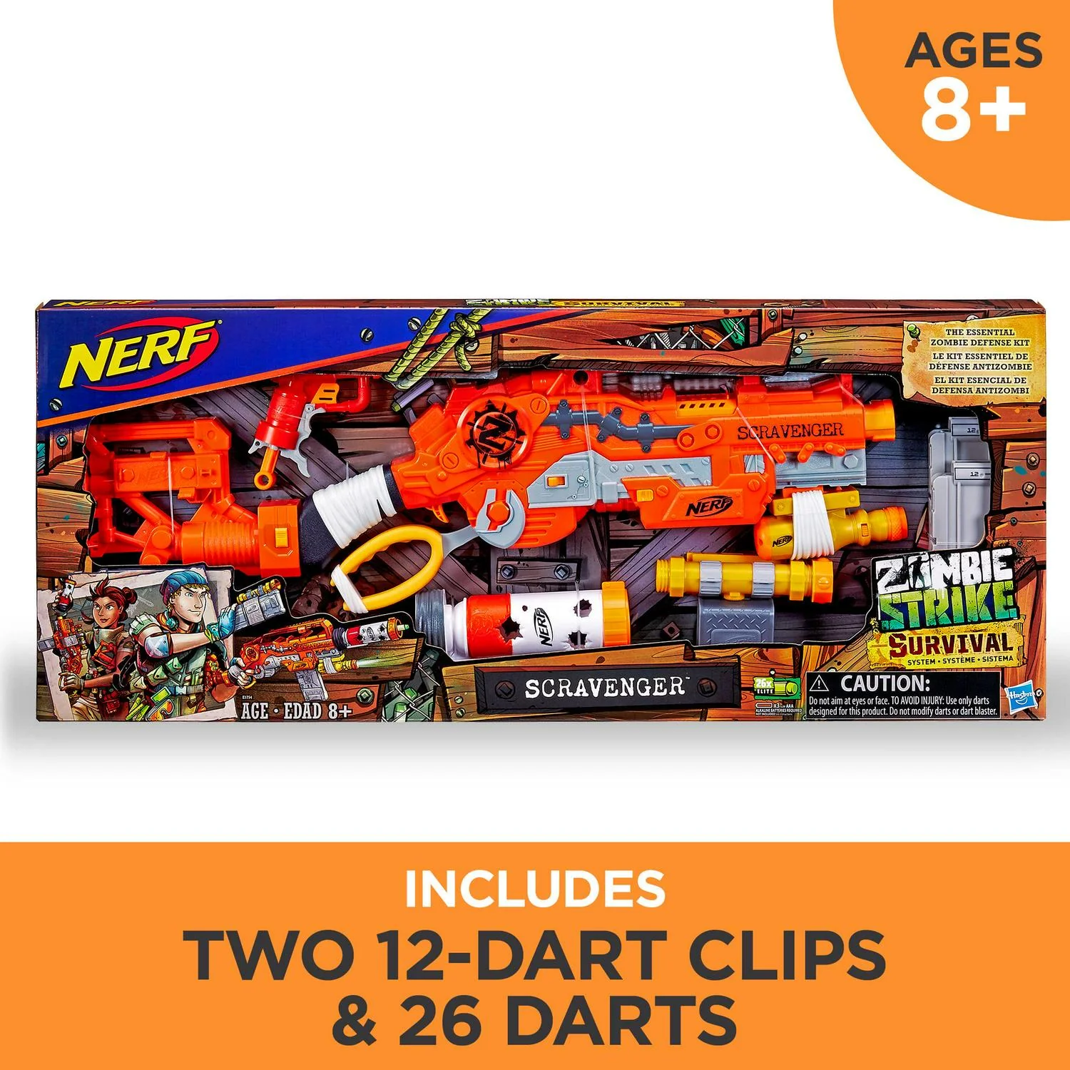 Nerf Zombie Strike Survival System Scravenger with Two 12-Dart Clips. 26 Darts. Light. Barrel Extension. Scope. Stock. and 2-Dart Blaster