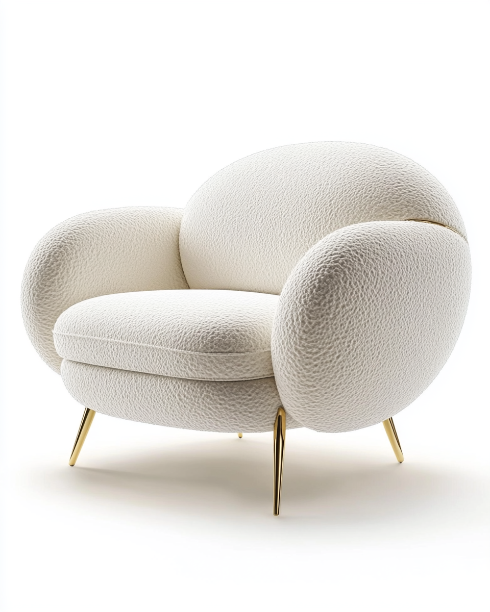 Sillón moderno en tela bouclé blanca con patas doradas, ideal para salón elegante
