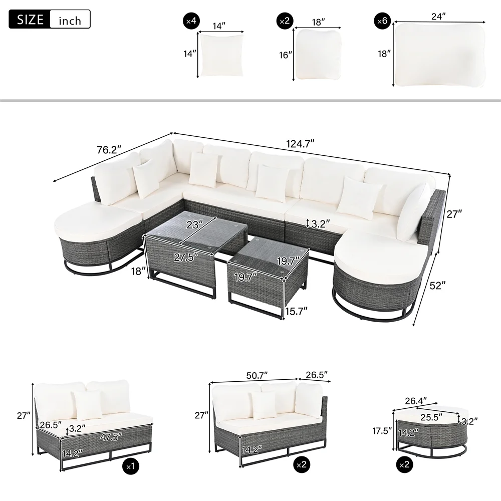 8 Pieces Outdoor Wicker Round Furniture Set, All Weather Half-Moon Sectional Patio Sofa Sets with Rectangular Coffee Table, Beige - Image 28