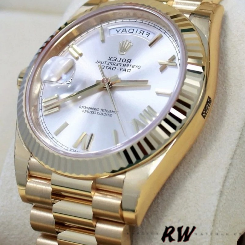 Rolex Day-Date 228238 Silver Roman Dial Fluted Bezel 40mm Mens Replica Watch