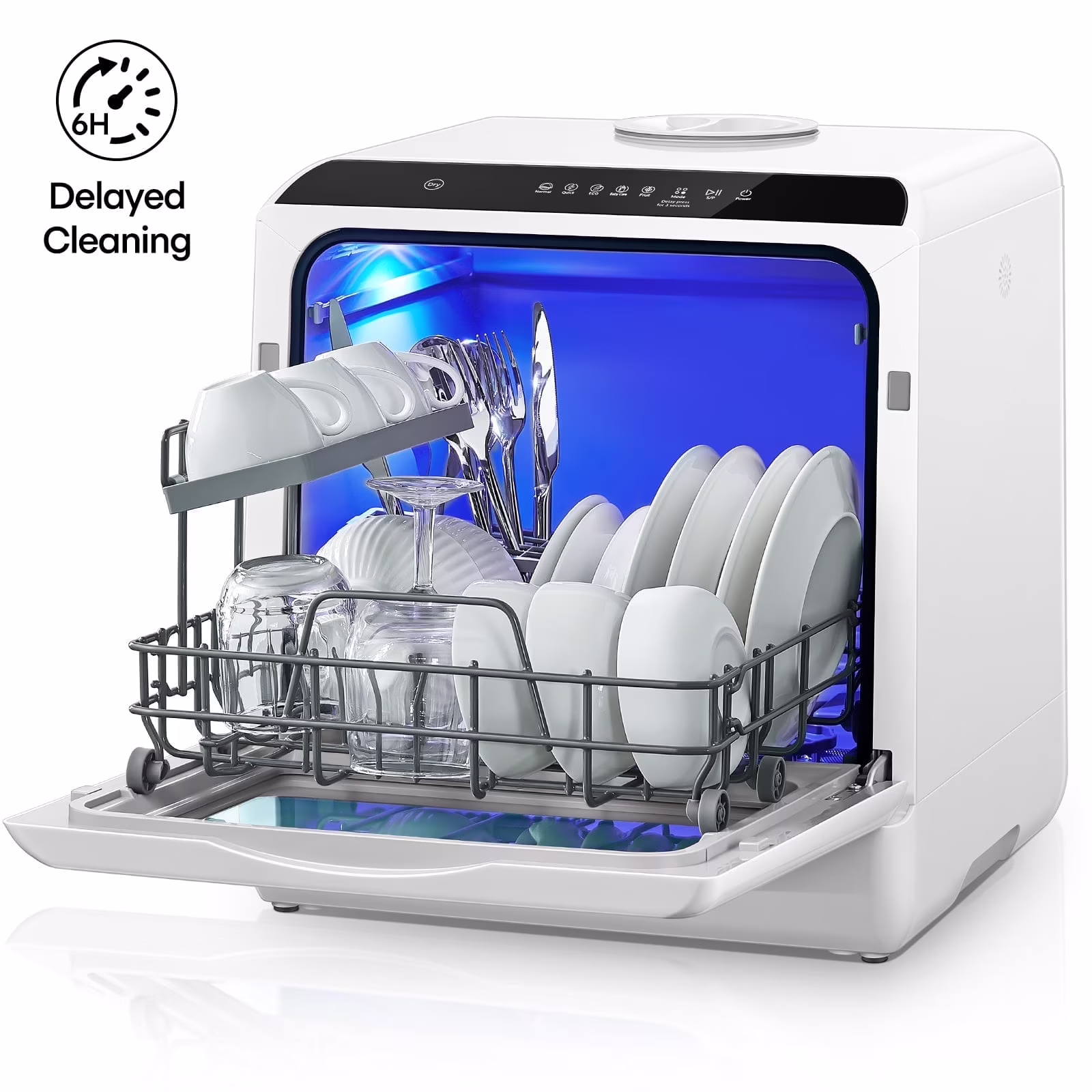 FOHERE Countertop Dishwasher with 6H Delay Cleaning, Portable Dishwasher W/5 L Built - in Water Tank, 6 Programs, 360dual Spray, High - Temp(White)