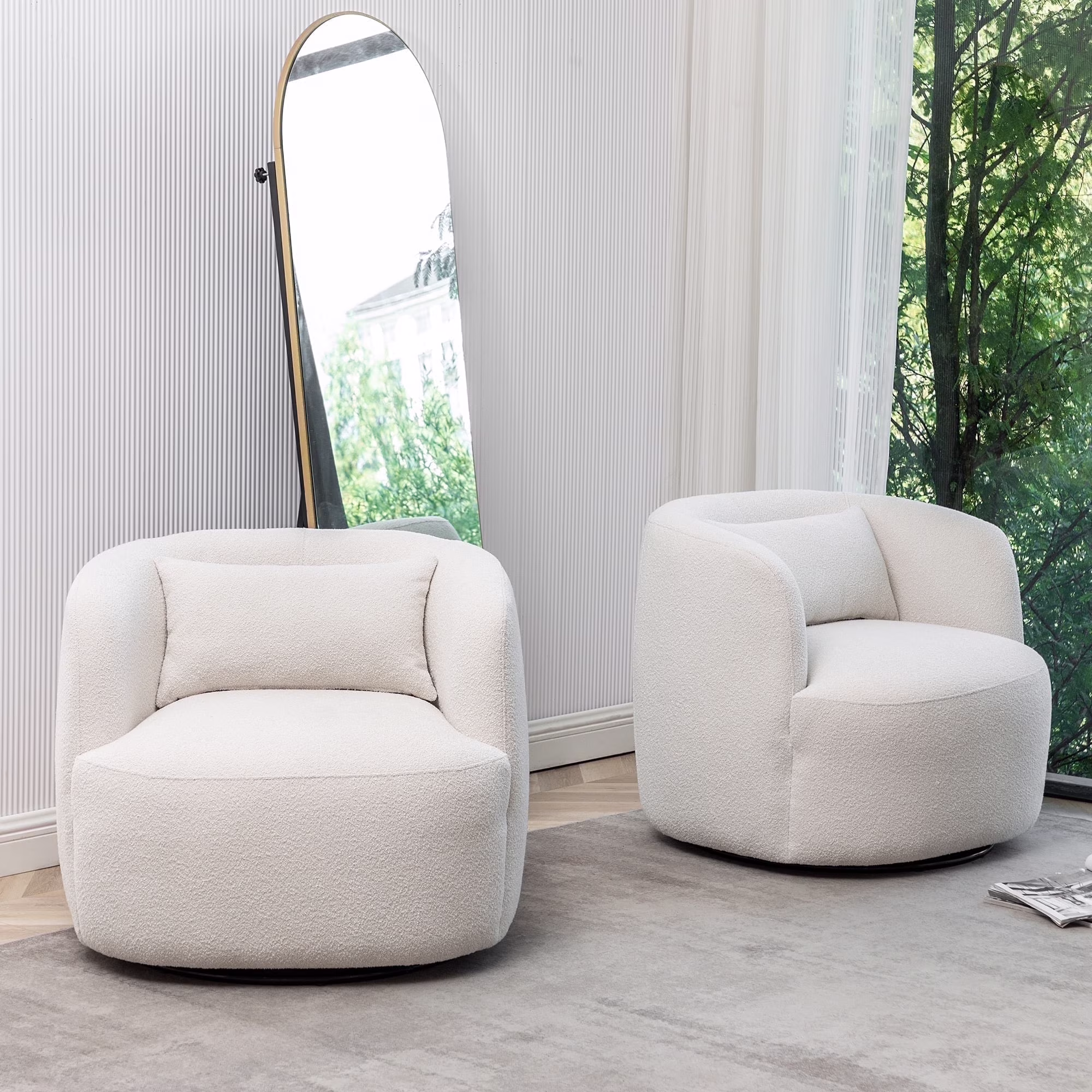 34" Wide Boucle Swivel Barrel Chair, No Assembly Round Upholstered Armchair Accent Chair Single Sofa Chair with Toss Pillow for Living Room and Bedroom, Taupe - Image 3