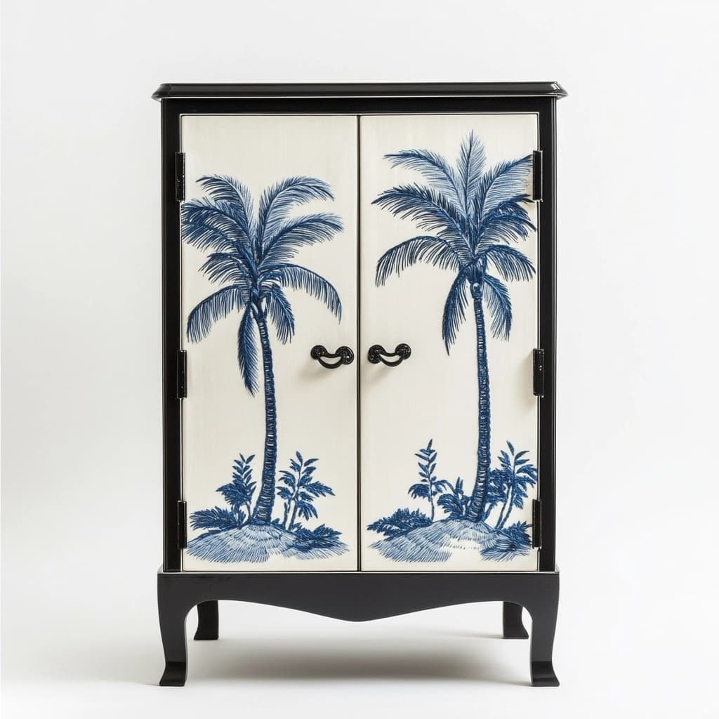 Armario decorativo de madera para salón con diseño tropical blanco y azul con puertas ilustradas ideal para almacenamiento y organización