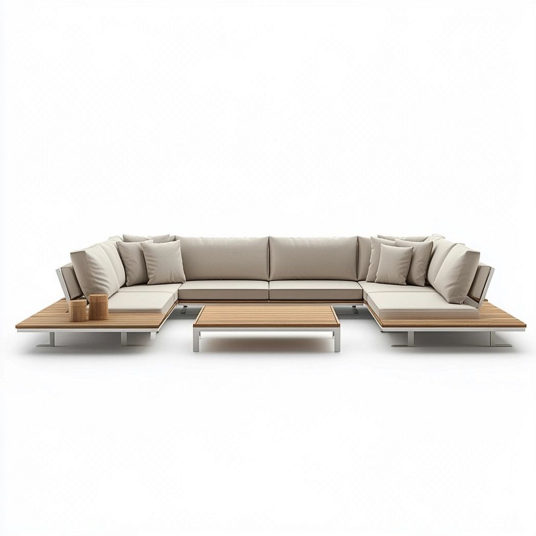Sofá Modular Esquinero de Exterior con Estructura de Madera y Almohadones de Tela Beige para Jardín