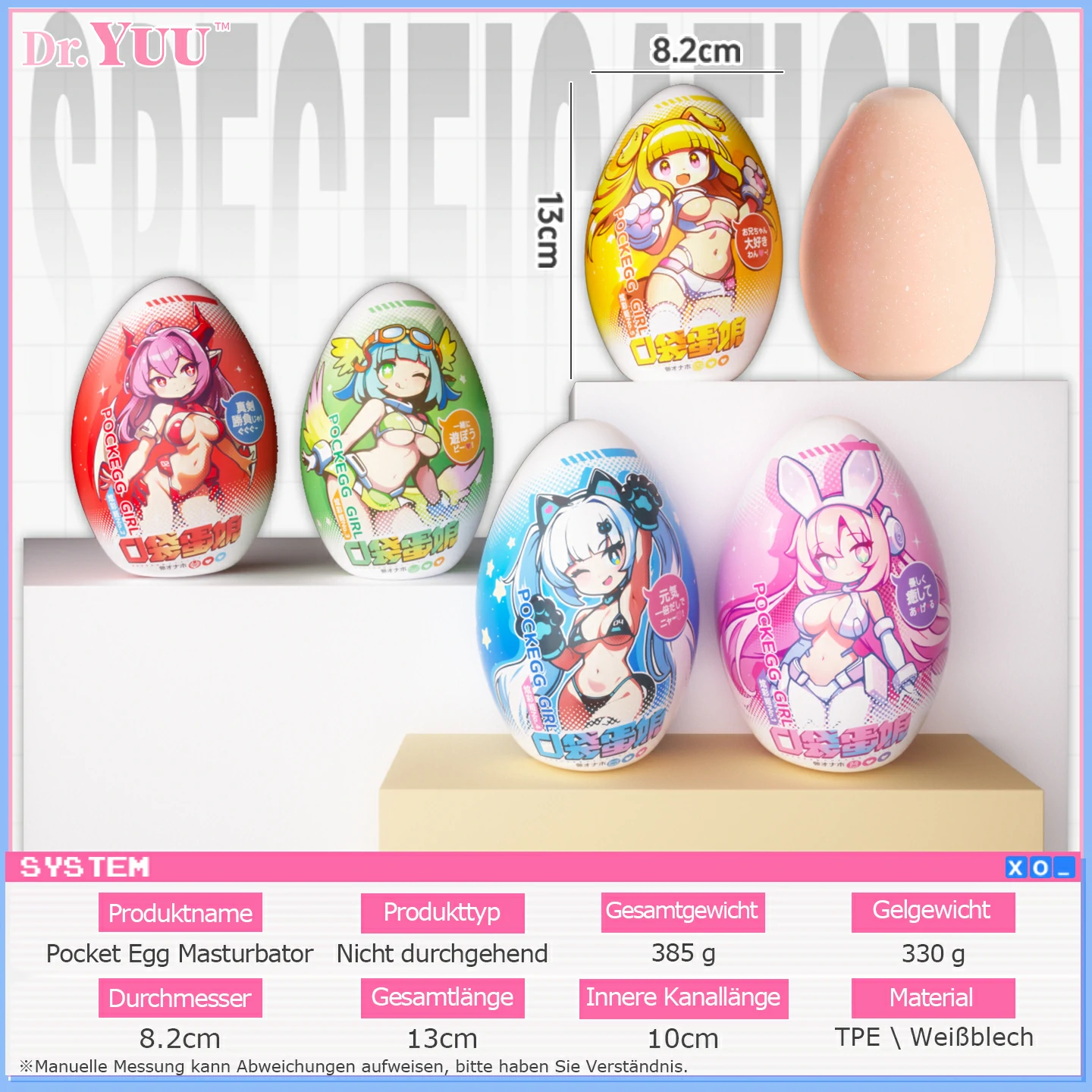 Produktdaten des Dr.YUU Pocket Egg: 13 cm Länge, 8,2 cm Durchmesser, 10 cm Innenkanal und 385 g Gesamtgewicht