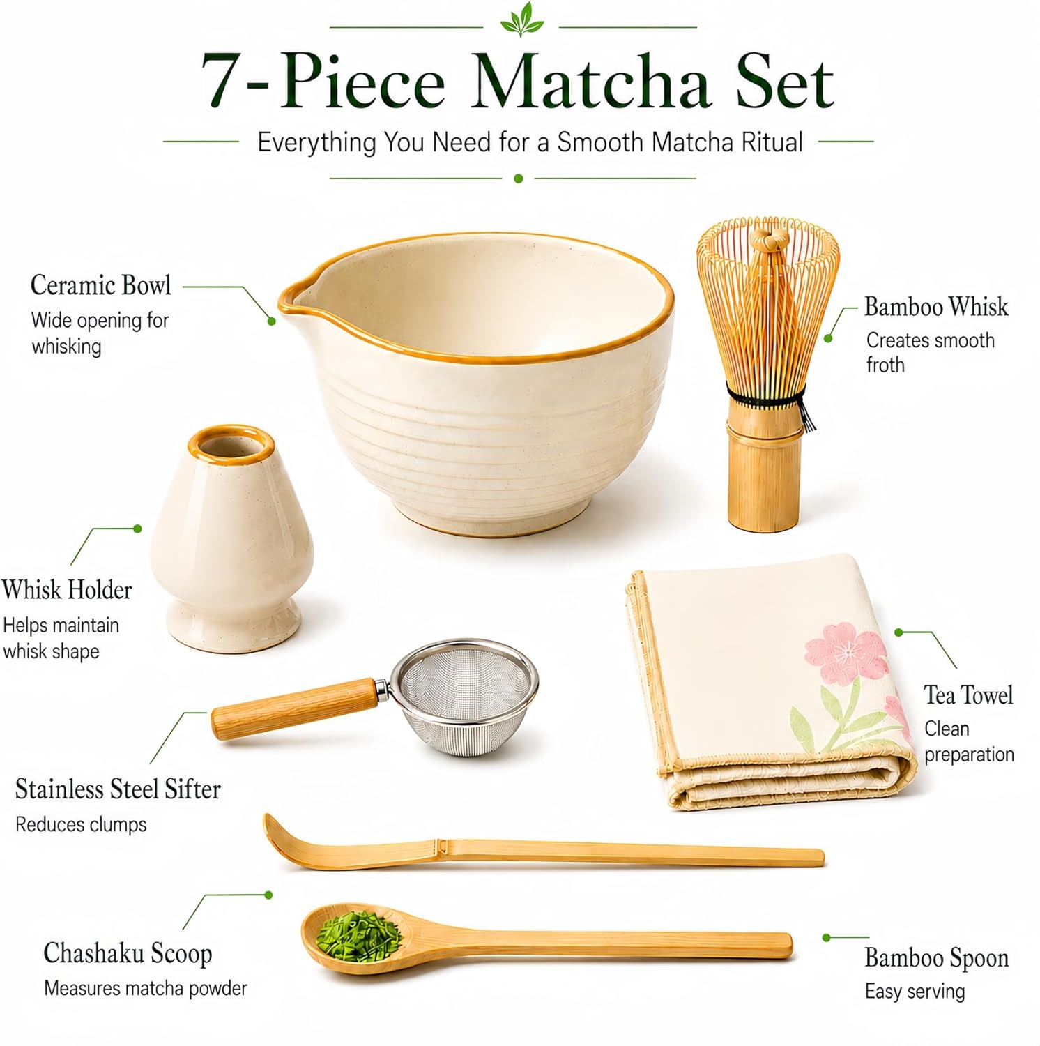 Matcha Set 7 Pcs, Japanese Matcha Kit for Beginners with Ceramic Bowl, Bamboo Whisk, Whisk Holder, Sifter, Chashaku Scoop and Tea Towel, Matcha Tea Set for Home, Latte and Gifts