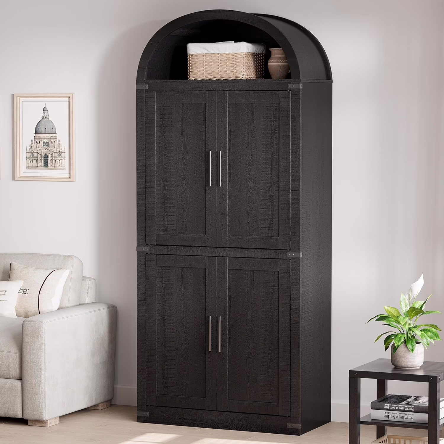 Arched Cabinet Tall Kitchen Pantry, Farmhouse Storage Cabinet Arch Hutch Cabinet, Large Bookshelf with Doors, Arched Bookcase with Cabinet, 5 Tier Kitchen Cabinet for Dining Room