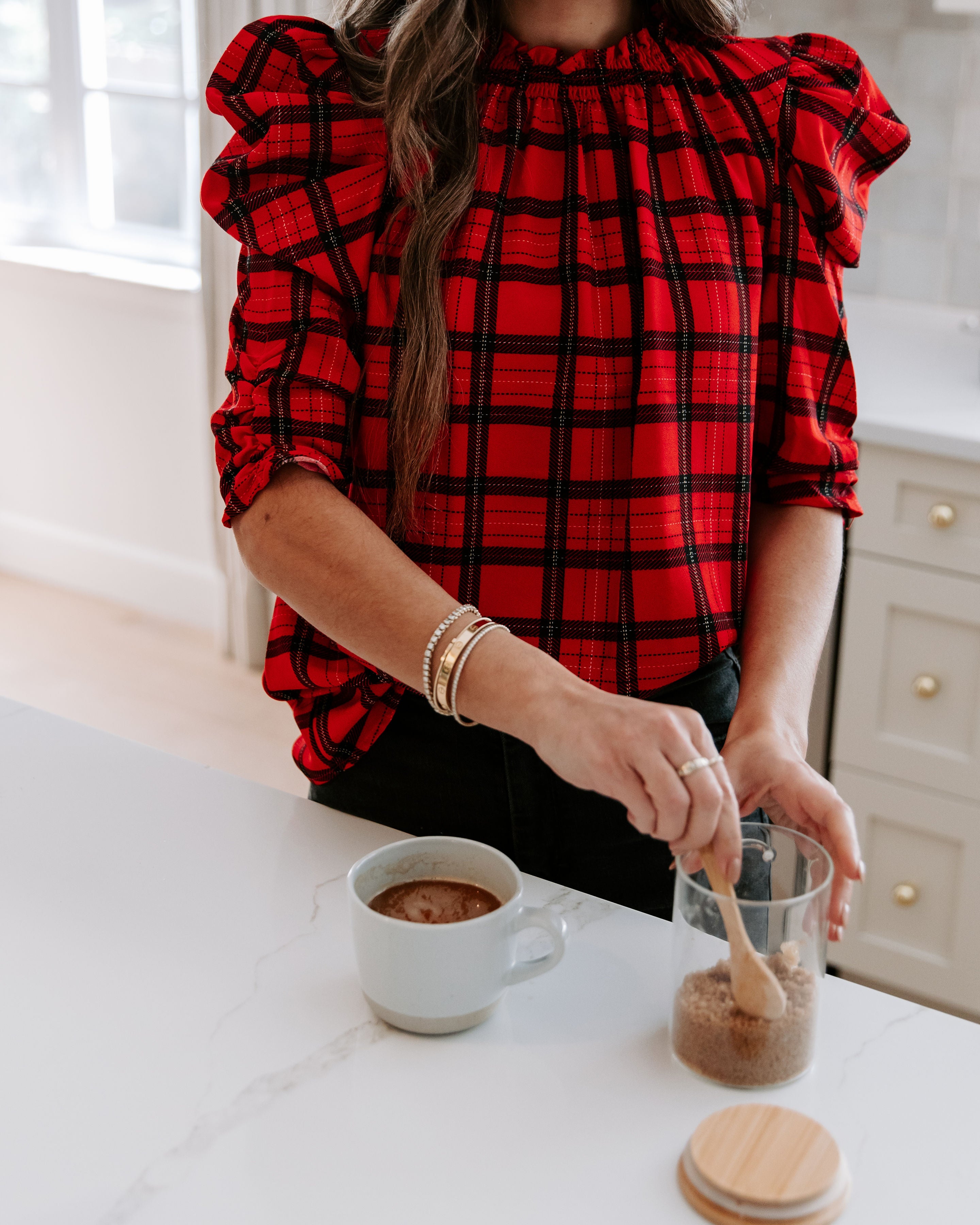 Very Pleased Plaid Puff Sleeve Top - Se7enfashion