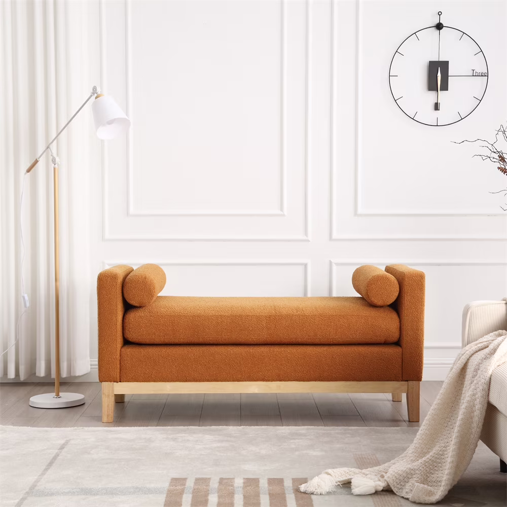 53.5"W Elegant Upholstered Bench with Wood Legs & Round Pillows,Comfy Boucle Fabric Footrest with Arms, Entryway Bench for End of Bed, Bedroom and Living Room, Ivory - Image 9
