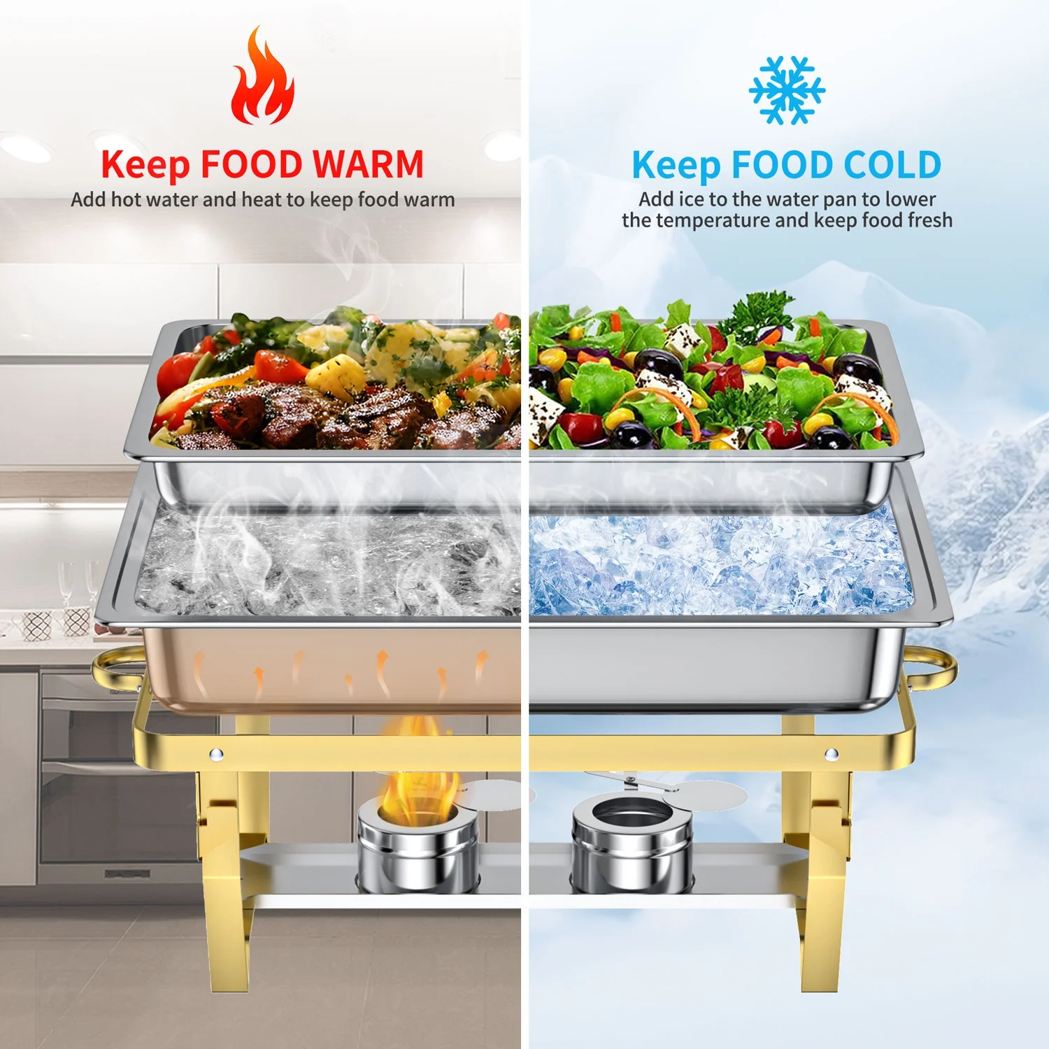 Chafing Dish Buffet Set 4 Pack: TINANA 8QT Stainless Steel Chafing Dishes for Buffet, Chafers and Buffet Warmers Sets for Parties, Events, Wedding, Camping, Dinner-Gold - Image 4